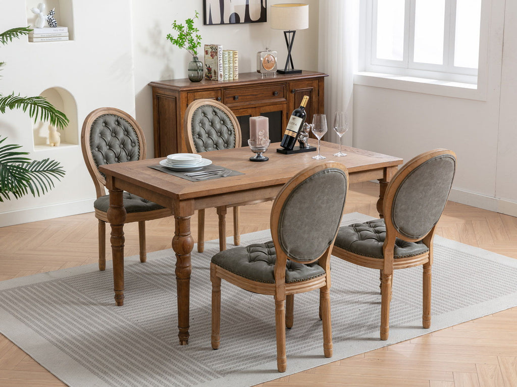 French Style Solid Wood Frame Antique Painting, Hand-Pulled Buckle Decoration Artificial Dining Chair With Nailhead Trim, Wood Legs