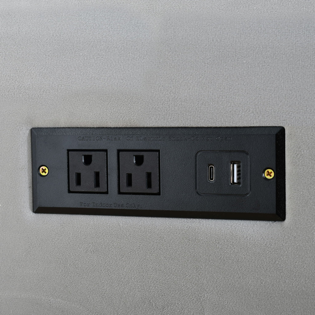 Upholstered Platform Bed, 2 Outlets And USB Charging Ports On Both Sides, 2 Bedside Pillows, Storage Shelves