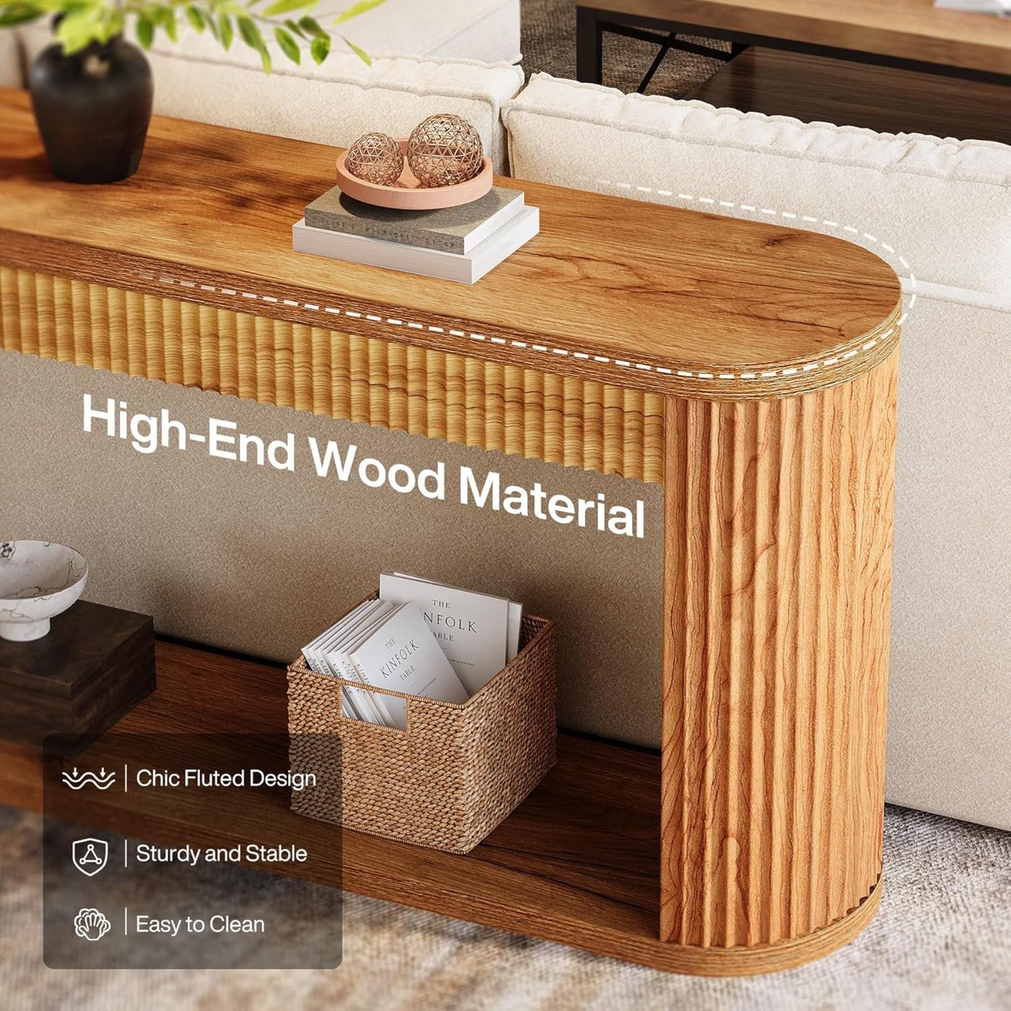 Narrow Fluted Console Table With Storage For Entryway - Brown