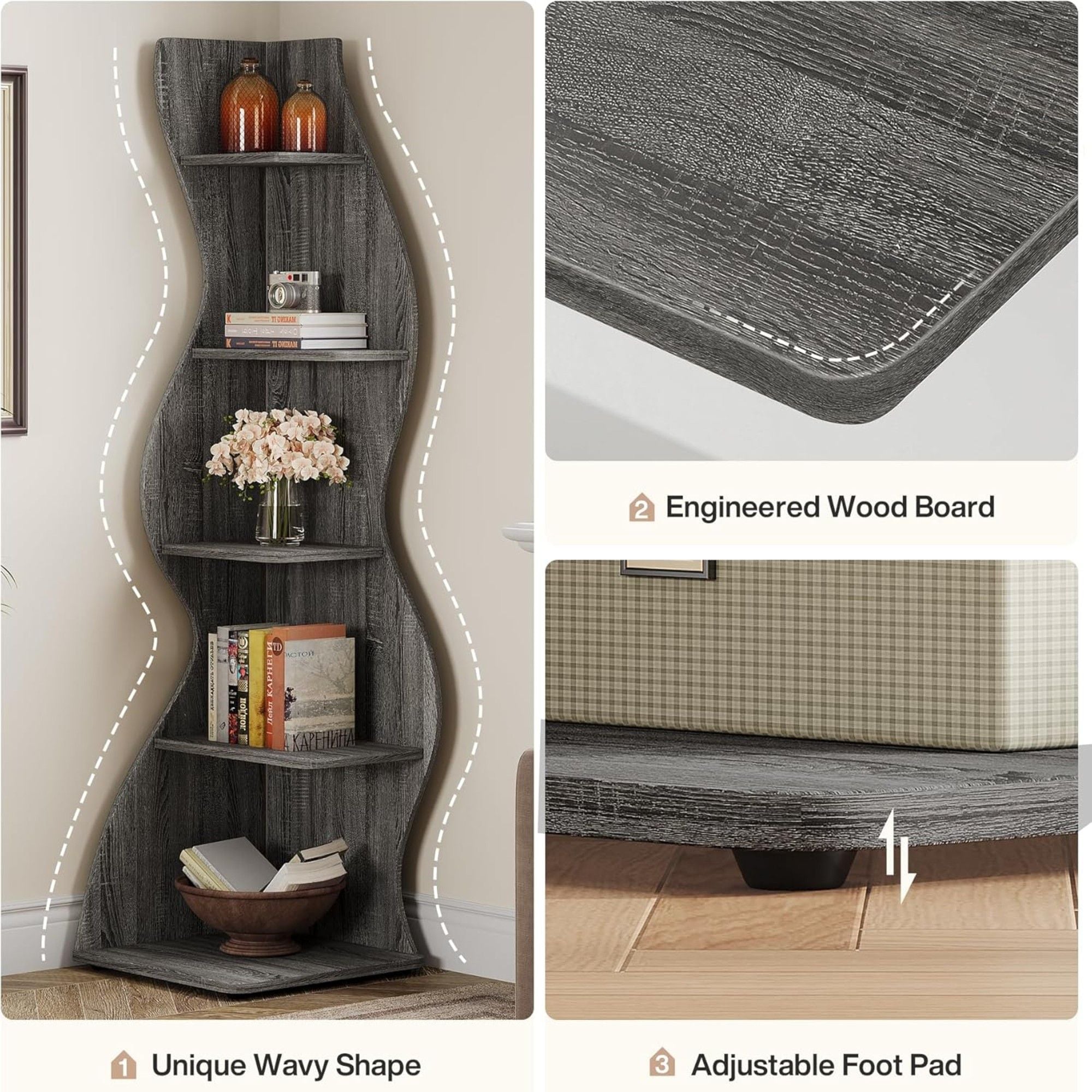 5 Tier Wavy Corner Bookshelf And Plant Stand For Living Room
