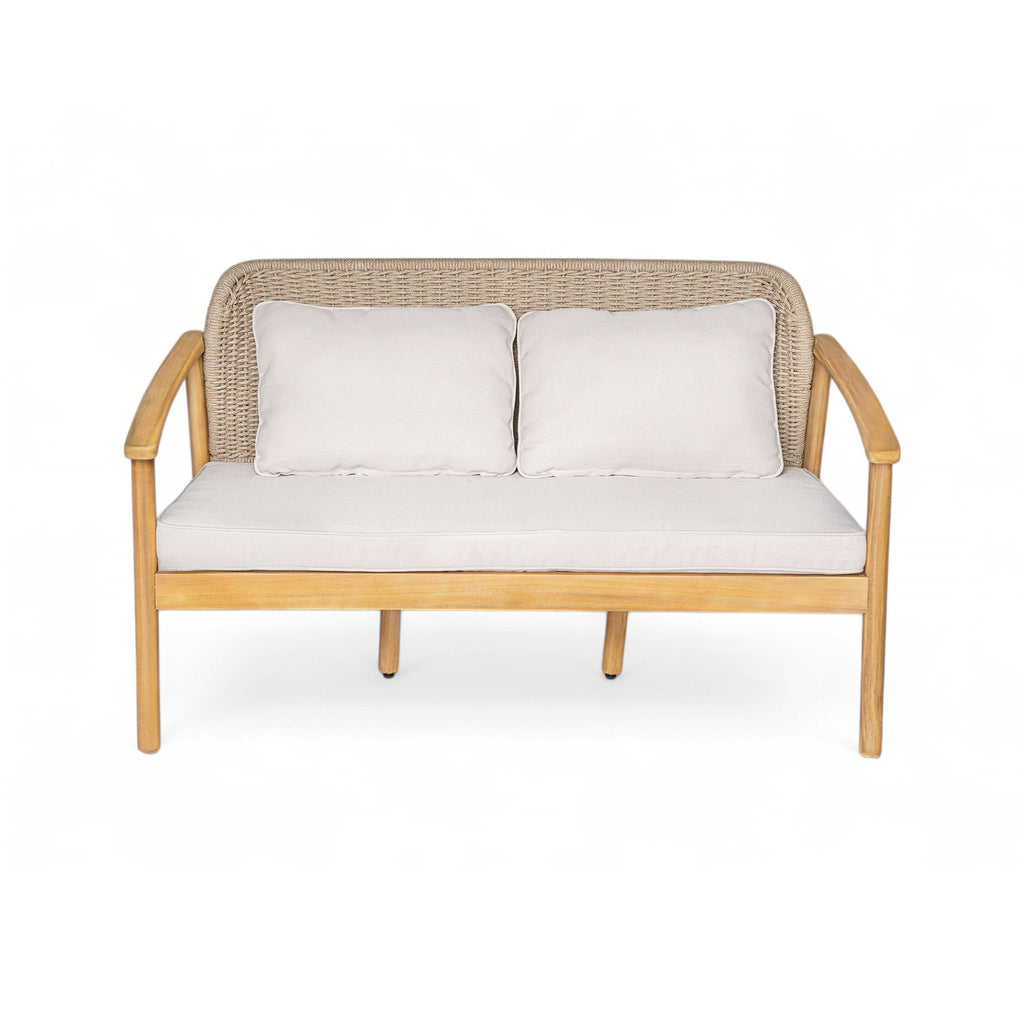 2 Piece Outdoor Acacia Wood Conversation Set, Woven Rope Backrest Patio Seating Group, Woven Rope With Coffee Table For Porch - Light Teak / Beige
