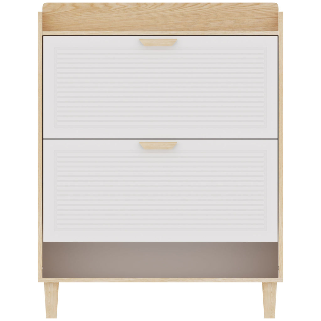 Shoe Storage Cabinet With 2 Flip Drawers, Compact Entryway Organizer - Natural / White