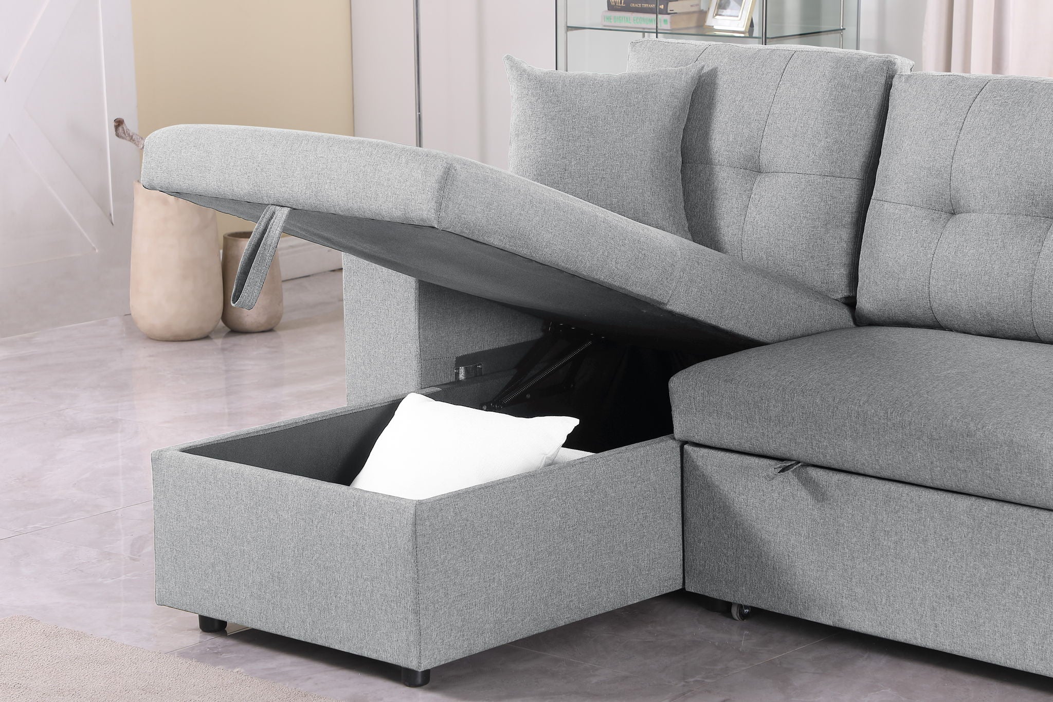 Daniel - Upholstered Reversible Sectional With Pull Out Loveseat - Light Gray