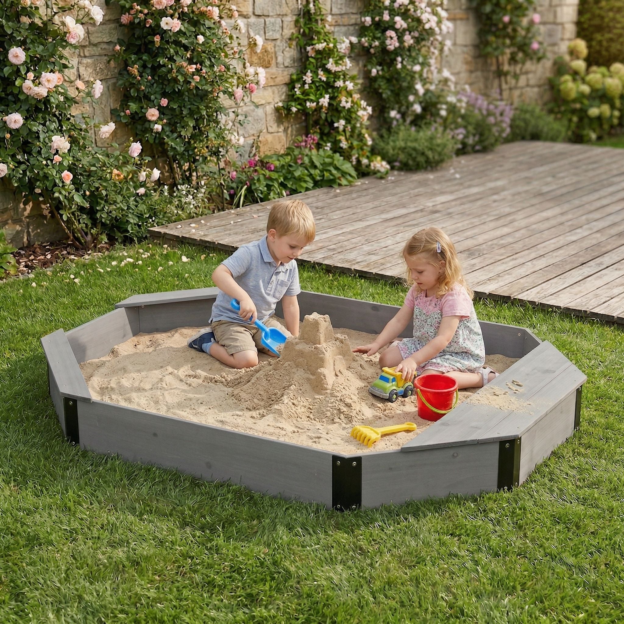 Octagon Sandbox With Storage, Sandpit With Cover And Liner For Backyard