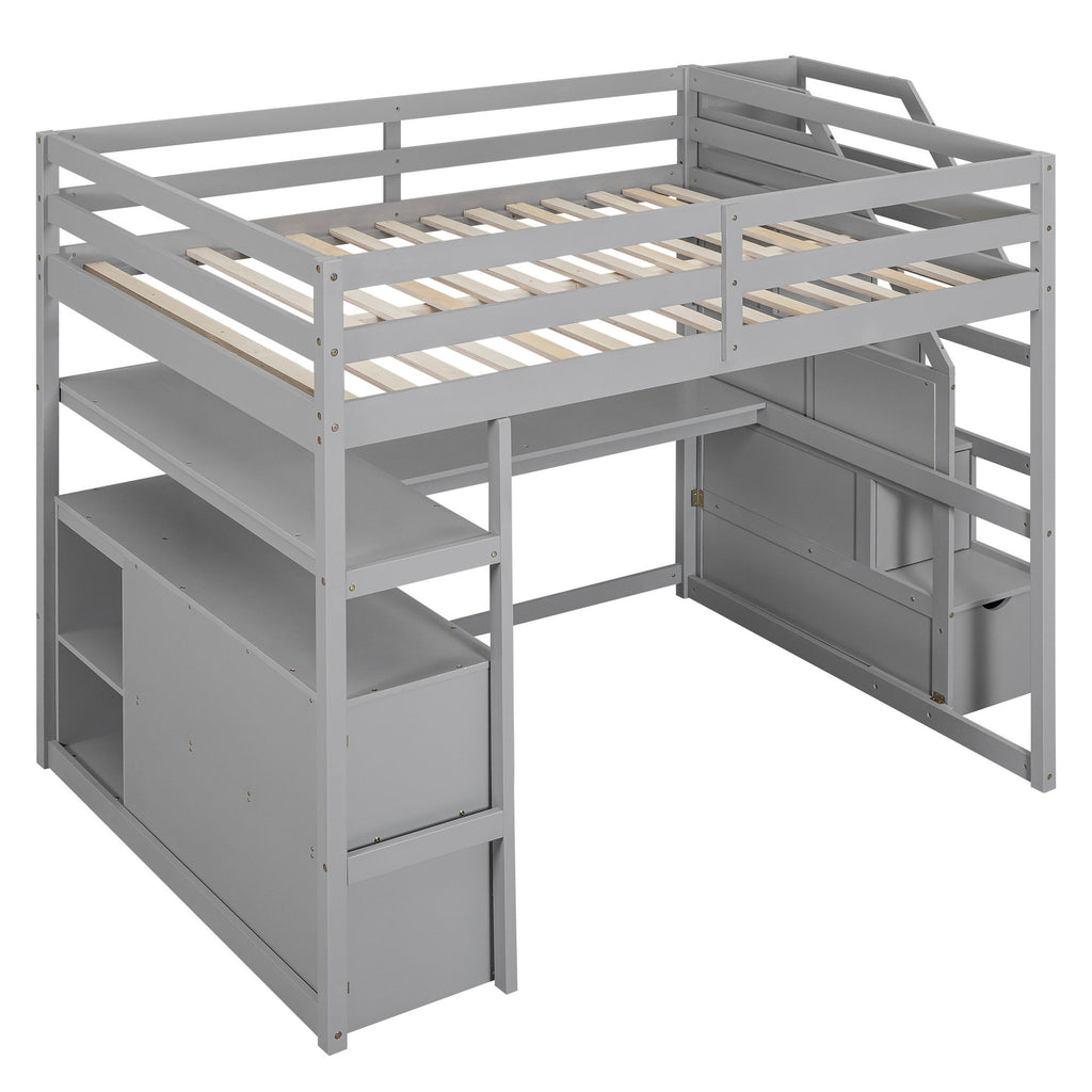 Loft Bed With Desk, Shelves, 2 Drawers, Storage Staircase