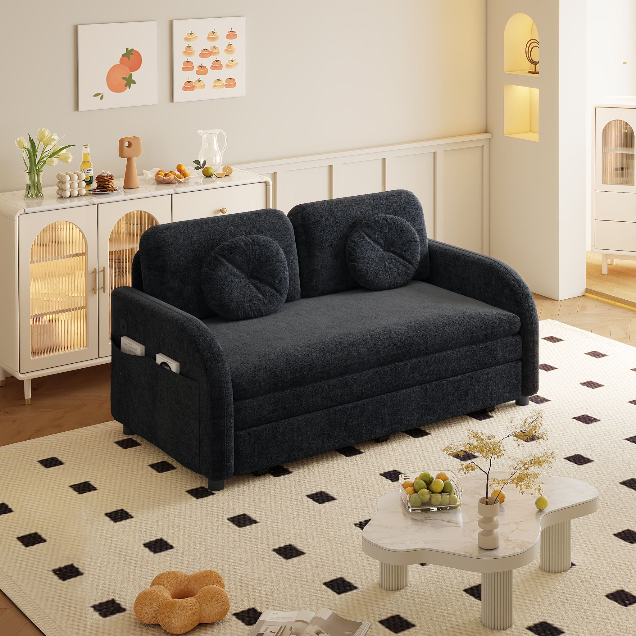 Upholstered Pull Out Couch With Side Pocket & USB Port