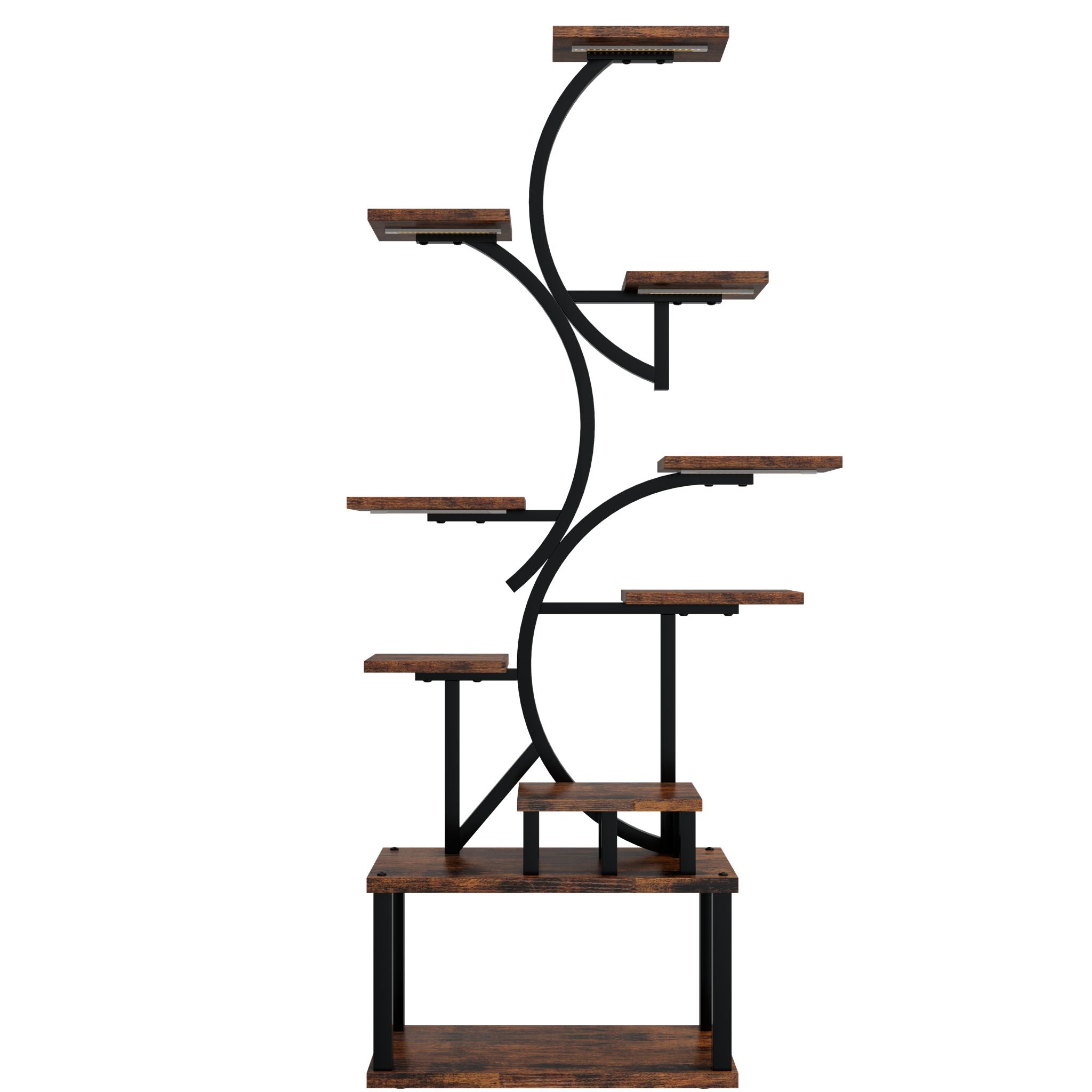 S - Shaped, 10 Tier Plant Stand With 5 Grow Lights - Deep Rustic Brown