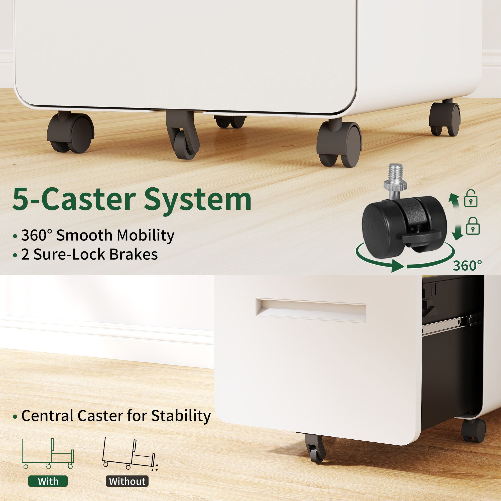 3-Drawer Mobile File Cabinet With Lock, On Casters, Holds A4/Letter Files