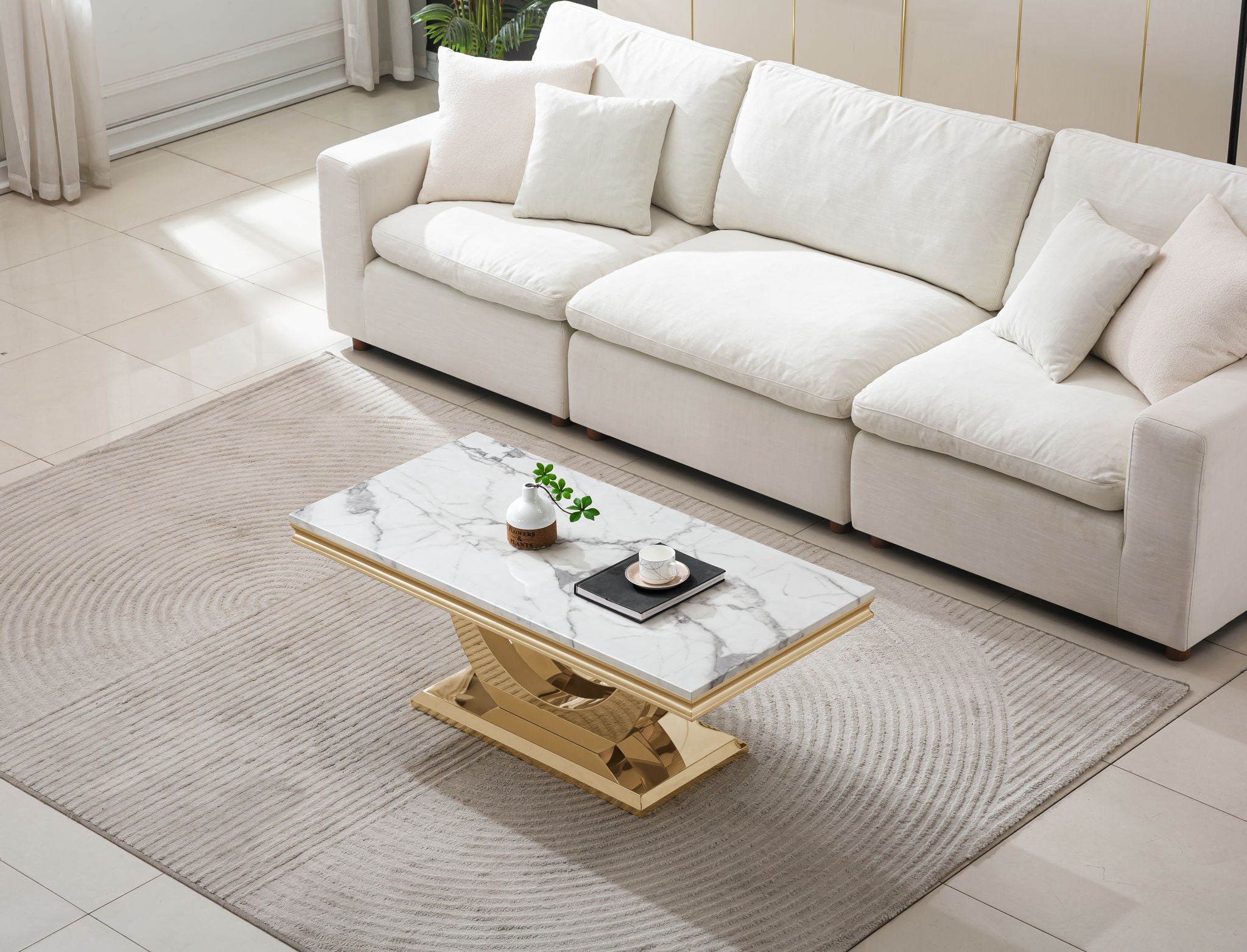 Printed Marble Top Coffee Table, Mirror Finish Stainless Steel Base