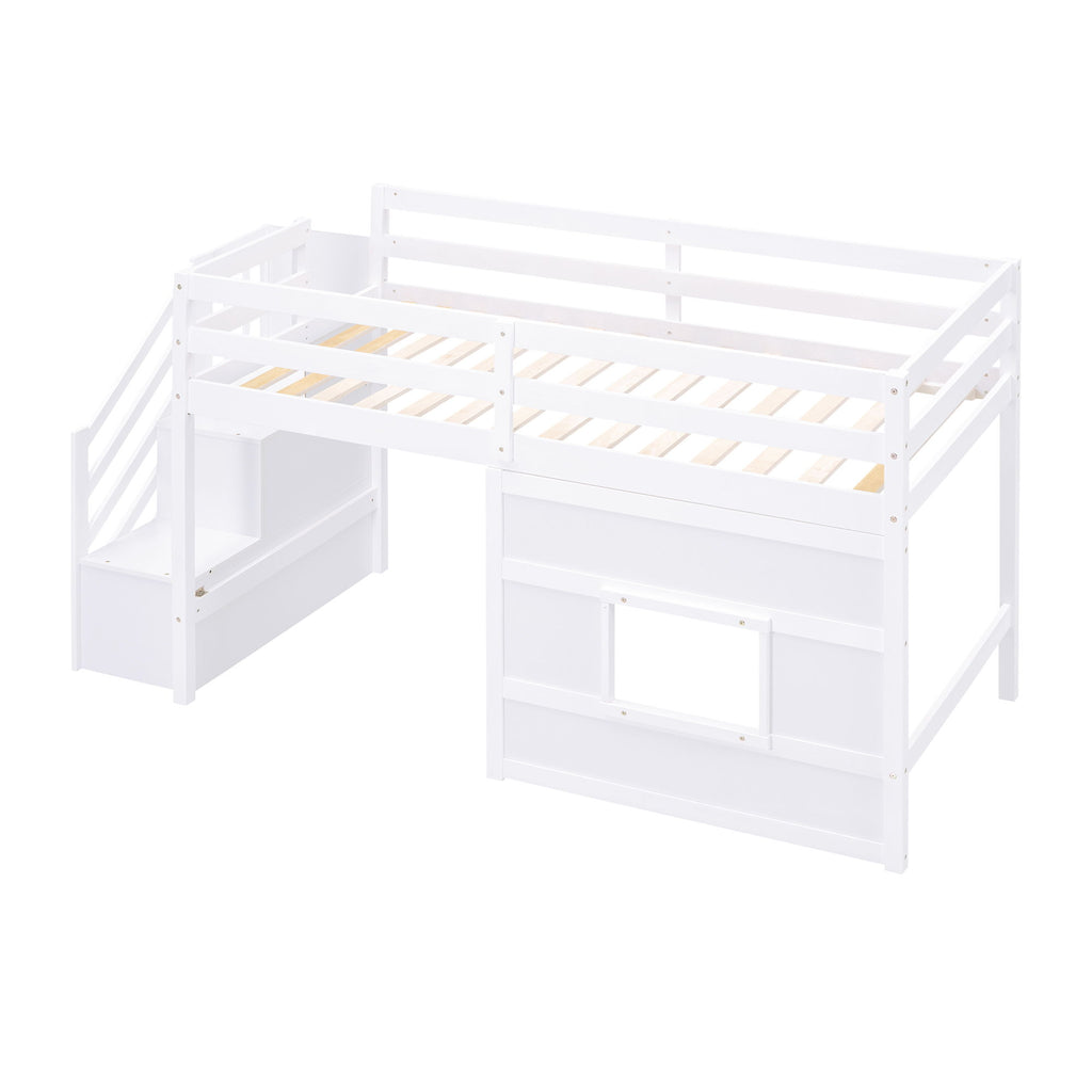 Loft Bed With Storage Staircase, Window & LED Light