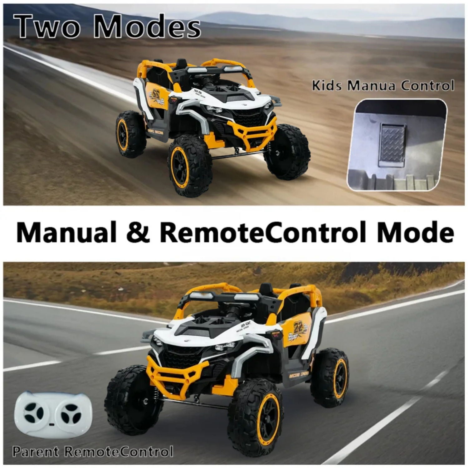 Ride On Models 12V Kids Electric Truck With Remote Control, Front & Rear Suspension, 2 Seater UTV, Flashlights, Music Player - Yellow / White