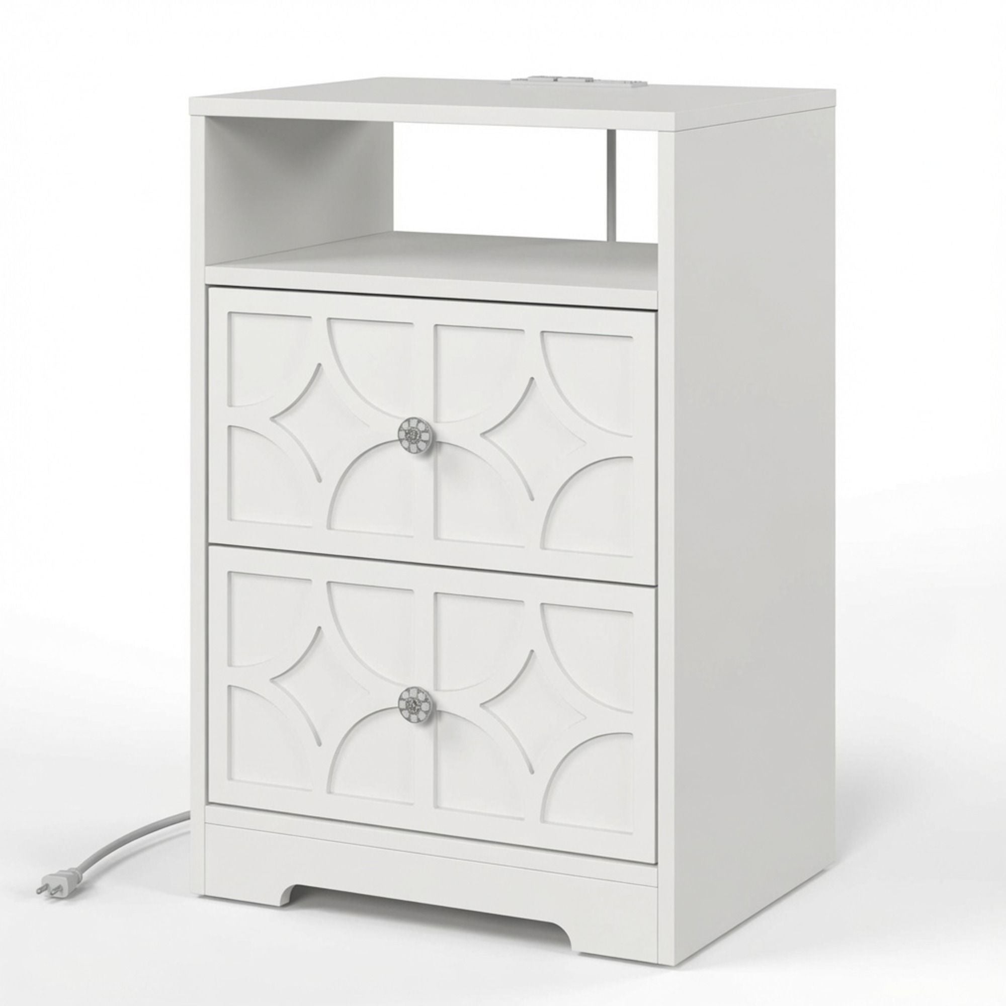 Nightstand With Diamond Carvings Handles, 2 Drawers & Charging Station