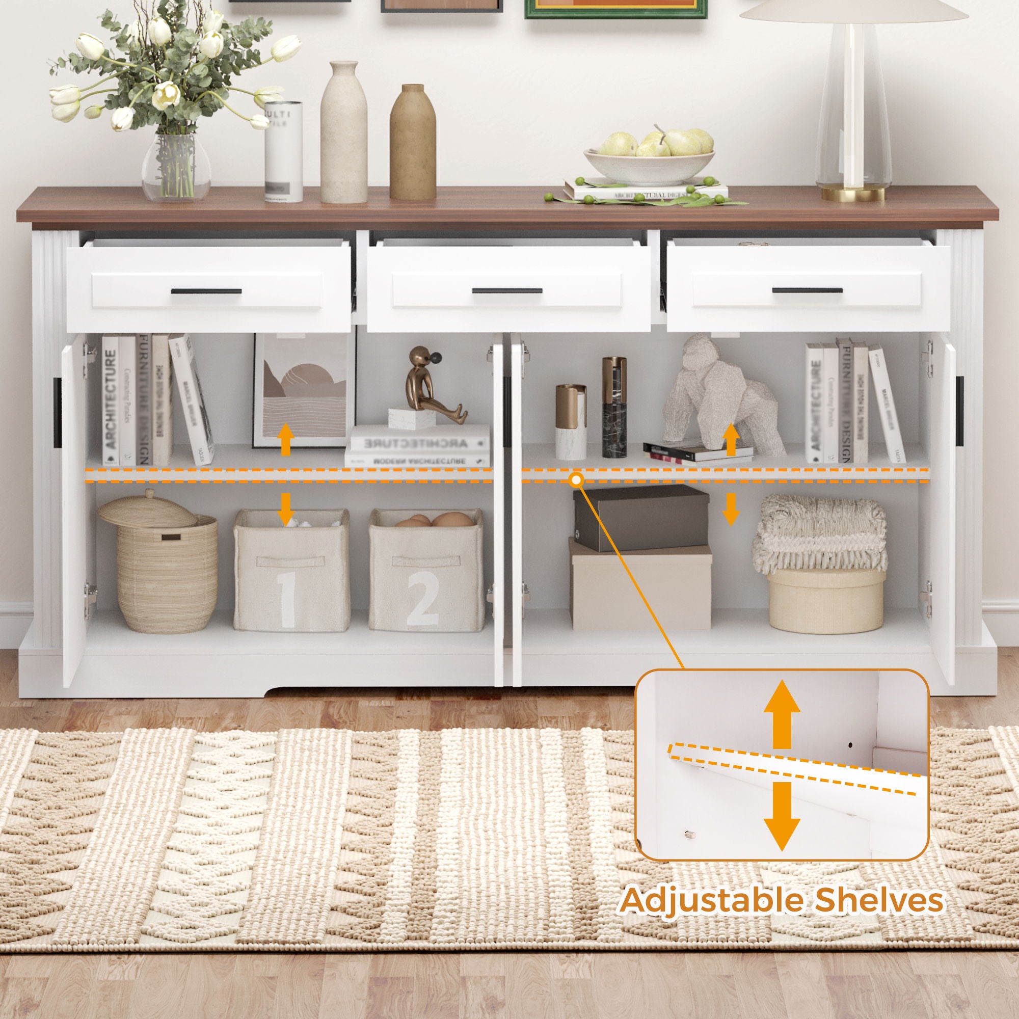 Fluted Sideboard Buffet Cabinet With 4 Doors And 3 Drawers