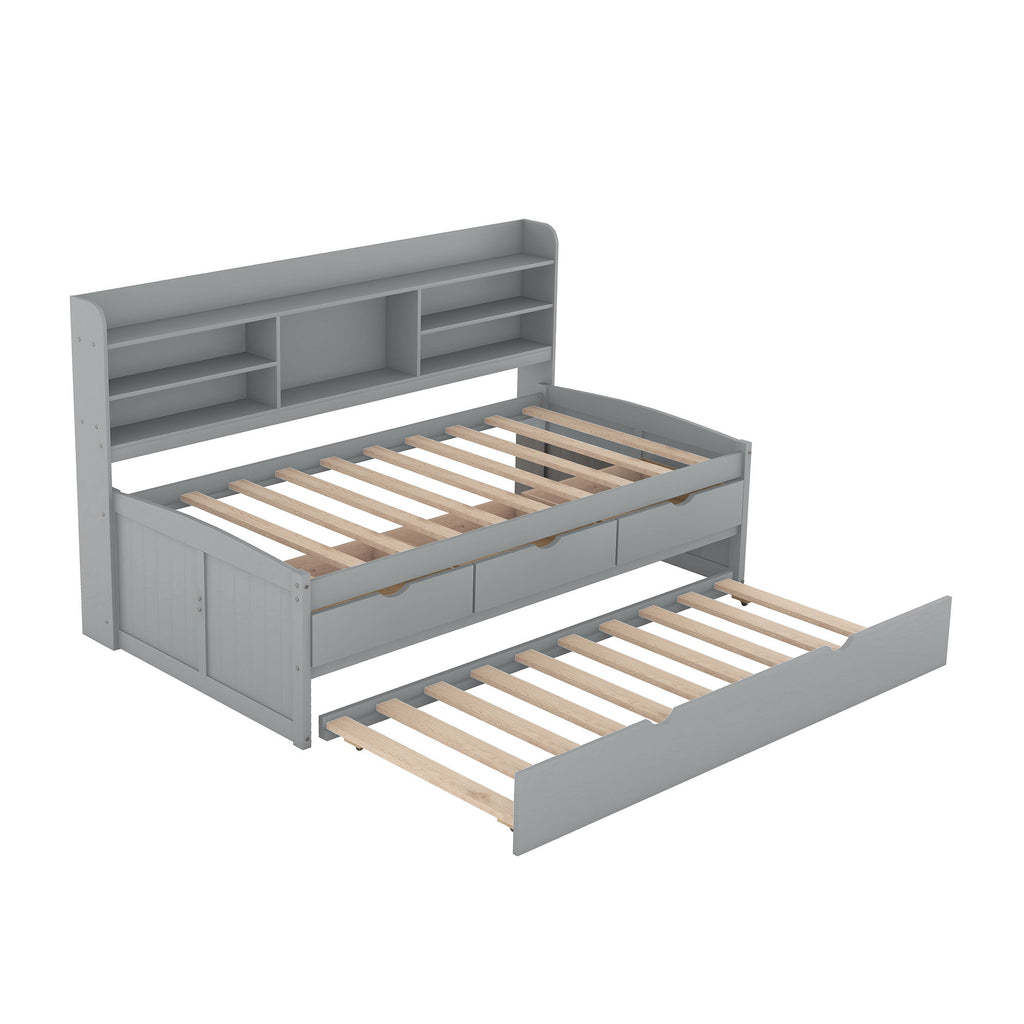 Captain Bed With Built In Bookshelves, 3 Storage Drawers, And Trundle