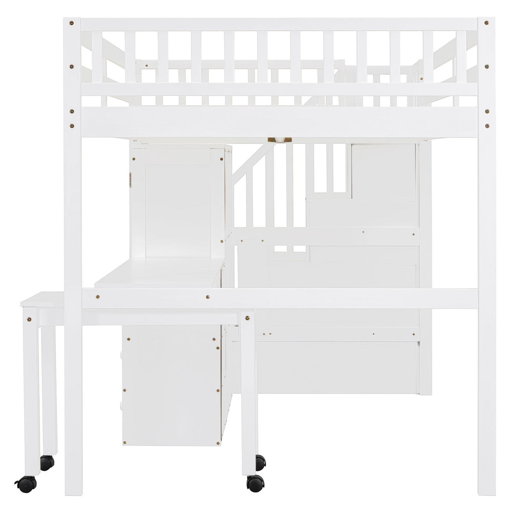 Loft Bed With Stairs, Bookshelf, Drawers, Desk & Wardrobe, Space Saving Multifunctional Furniture