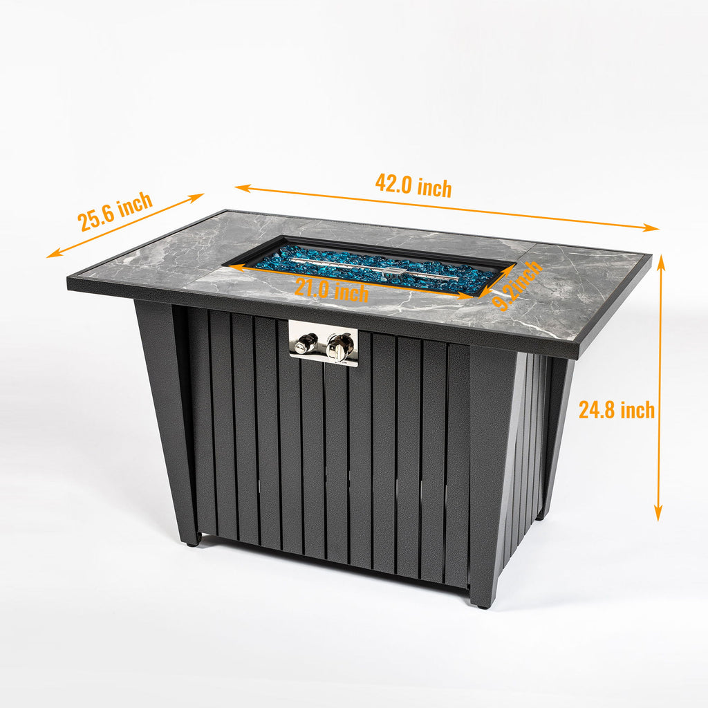Morden Steel Fire Pit Table With Marble Tile Tabletop, Glass Wind Guard And Lid
