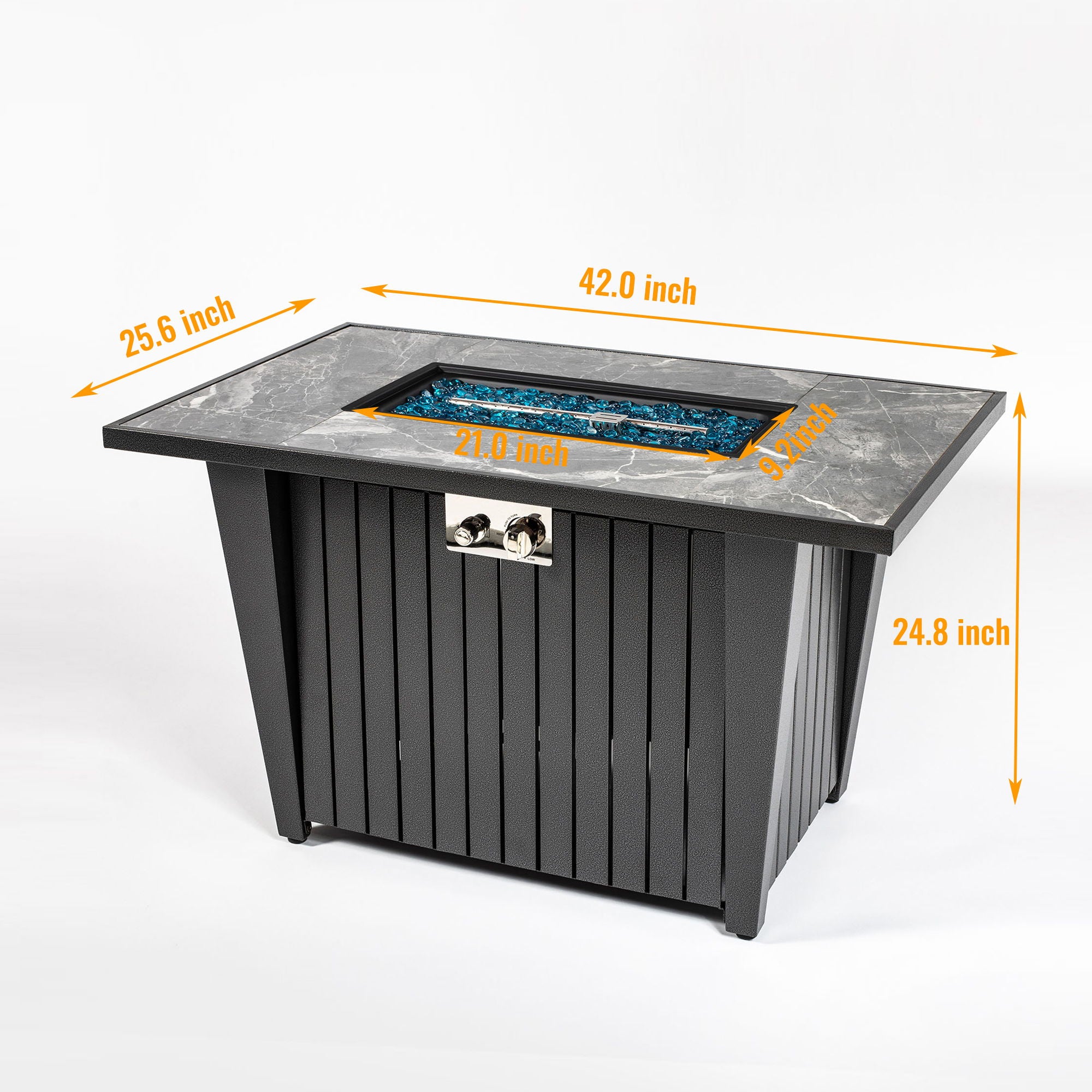 Morden Steel Fire Pit Table With Marble Tile Tabletop, Glass Wind Guard And Lid