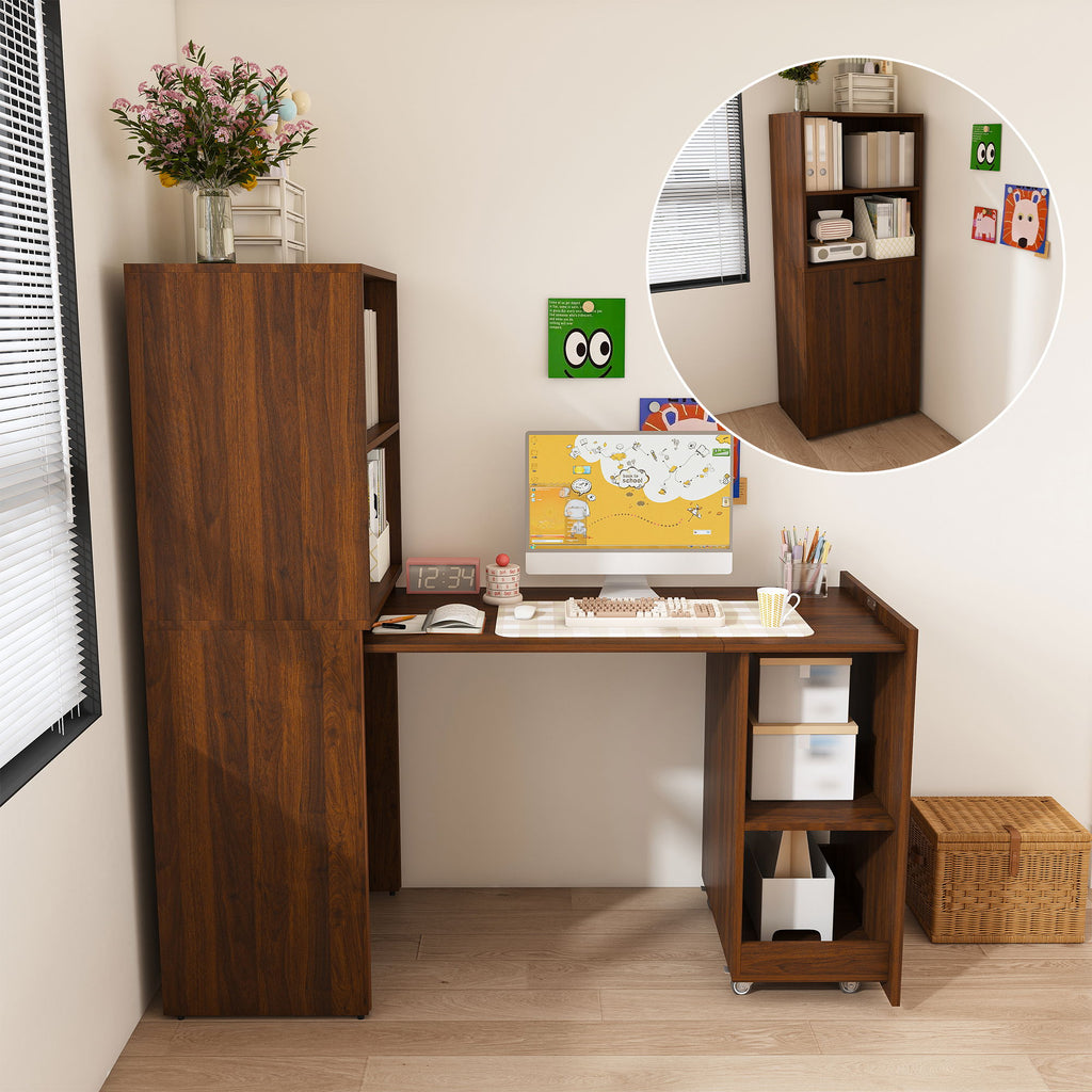 Stretchable Office Desk With Storage Shelves And Mobile Wheels