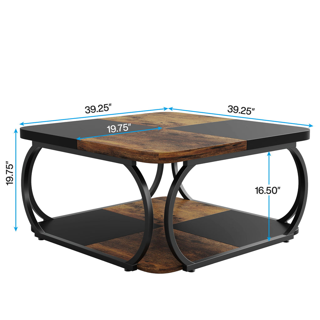 Square Coffee Table With Storage Shelf, 2 Tier For Living Room - Brown / Black
