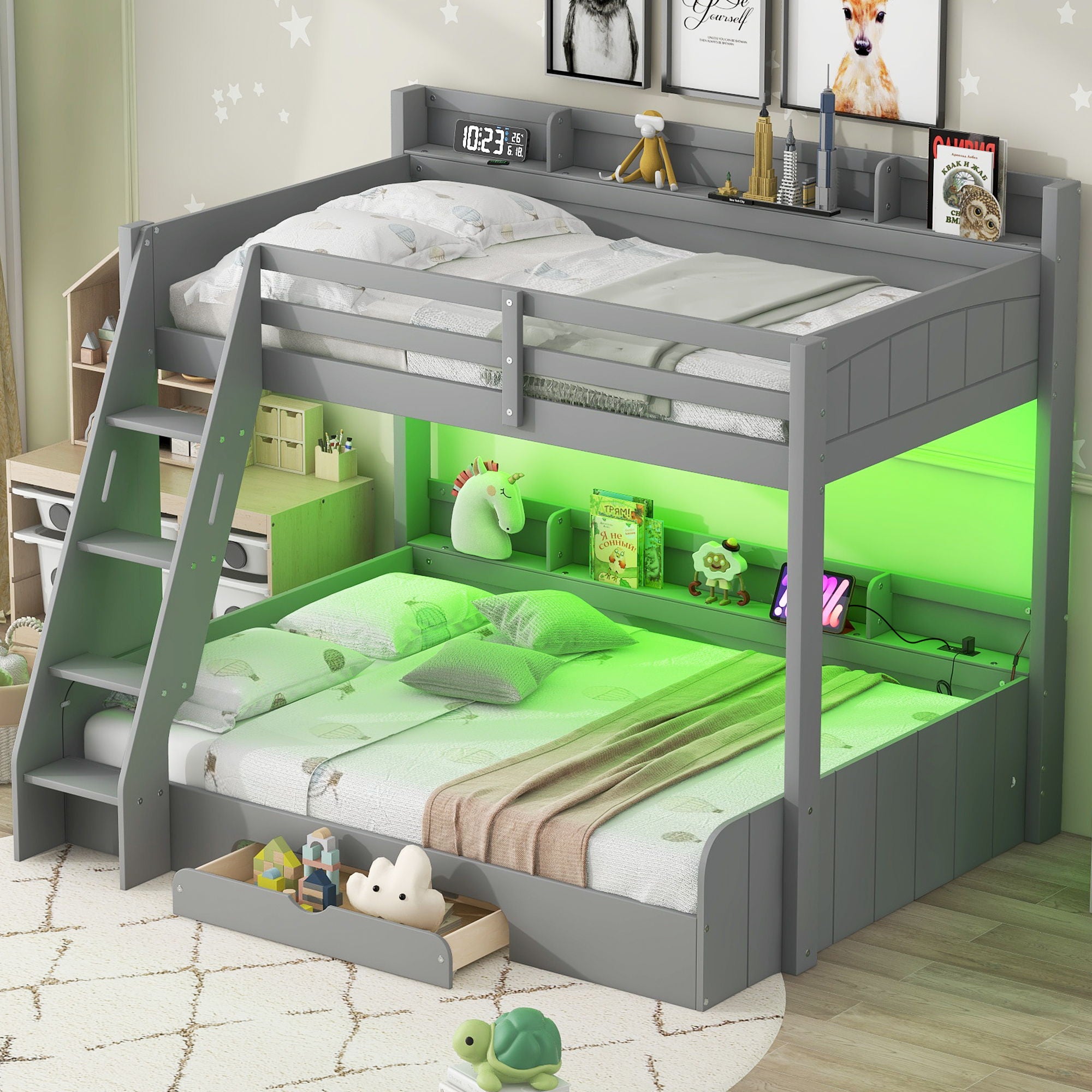 Bunk Bed With Storage Shelves, LED Lighting, Charging Station And Drawer