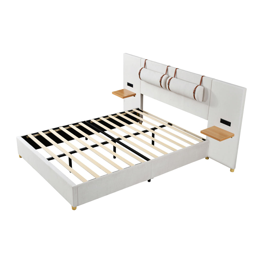 Upholstered Platform Bed, 2 Outlets And USB Charging Ports On Both Sides, 2 Bedside Pillows, Storage Shelves