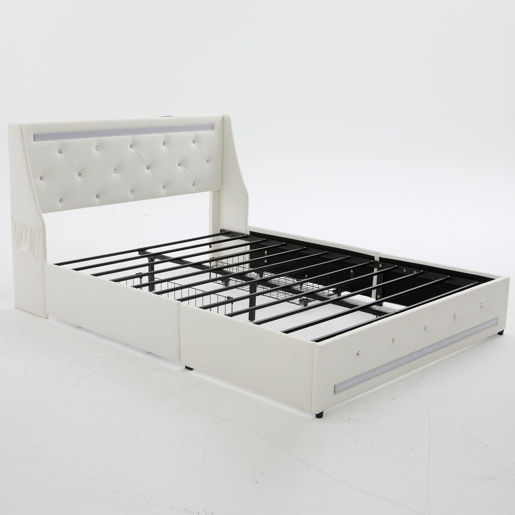 Wingback Upholstered Bed Frame With LED Lights, Charging Station