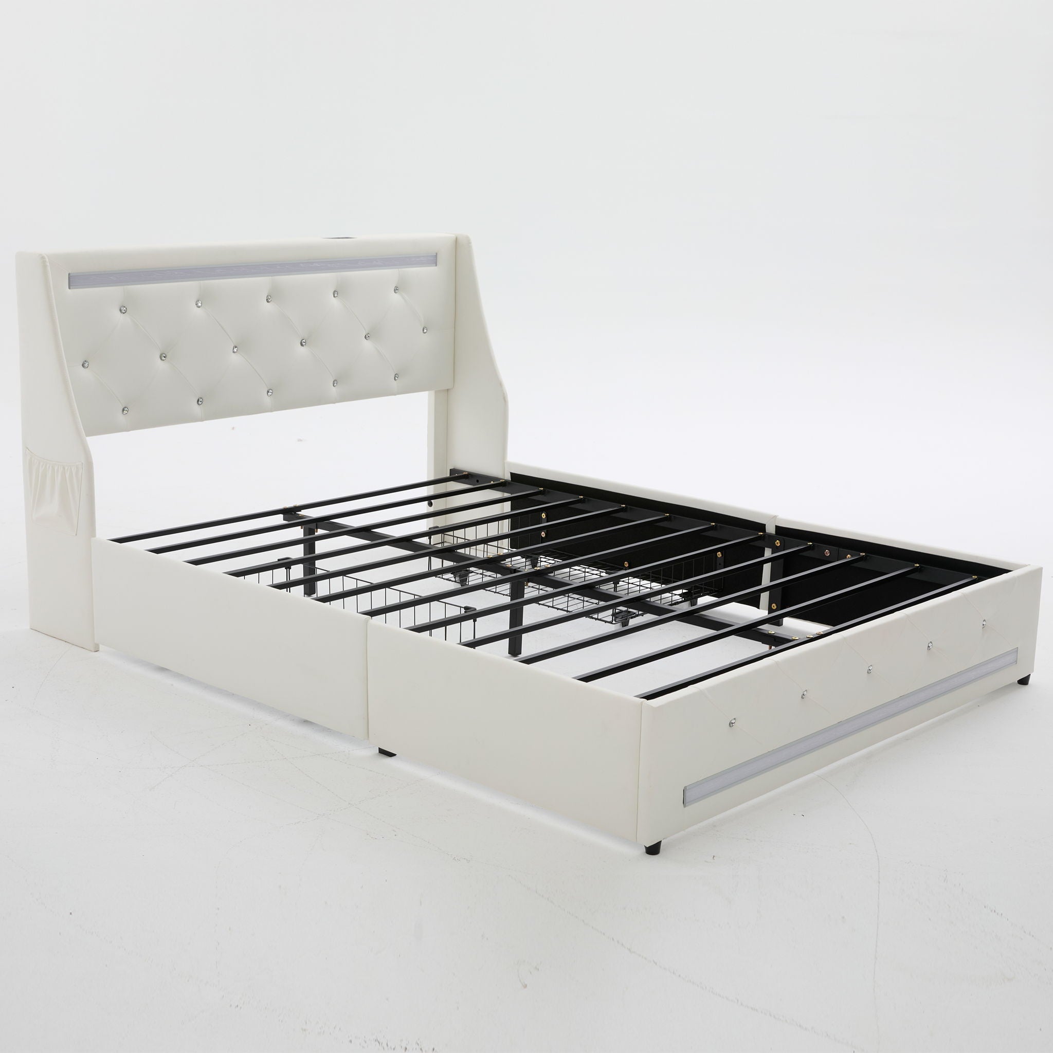 Wingback Upholstered Bed Frame With LED Lights, Charging Station