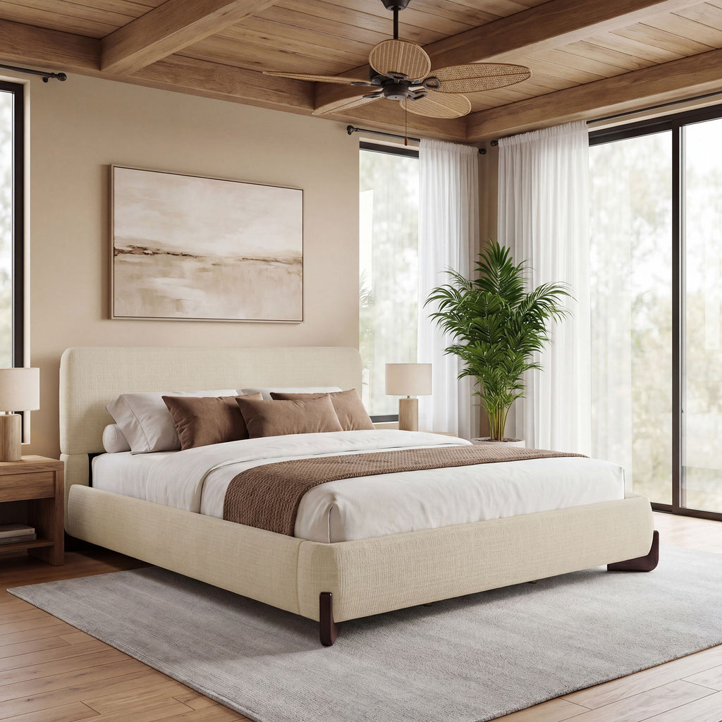 Queen Size Upholstered Bed With Slat Support - Beige