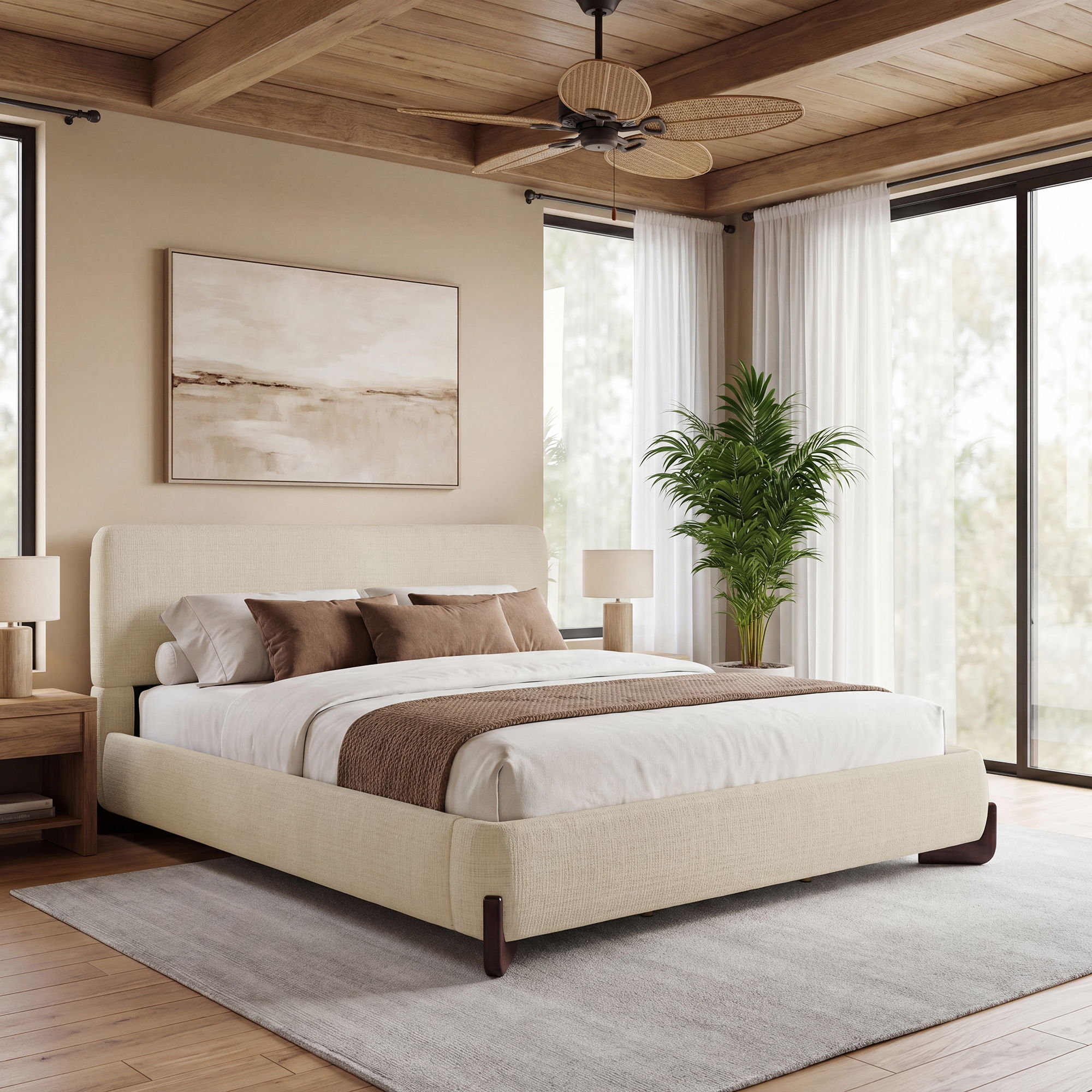 Queen Size Upholstered Bed With Slat Support - Beige
