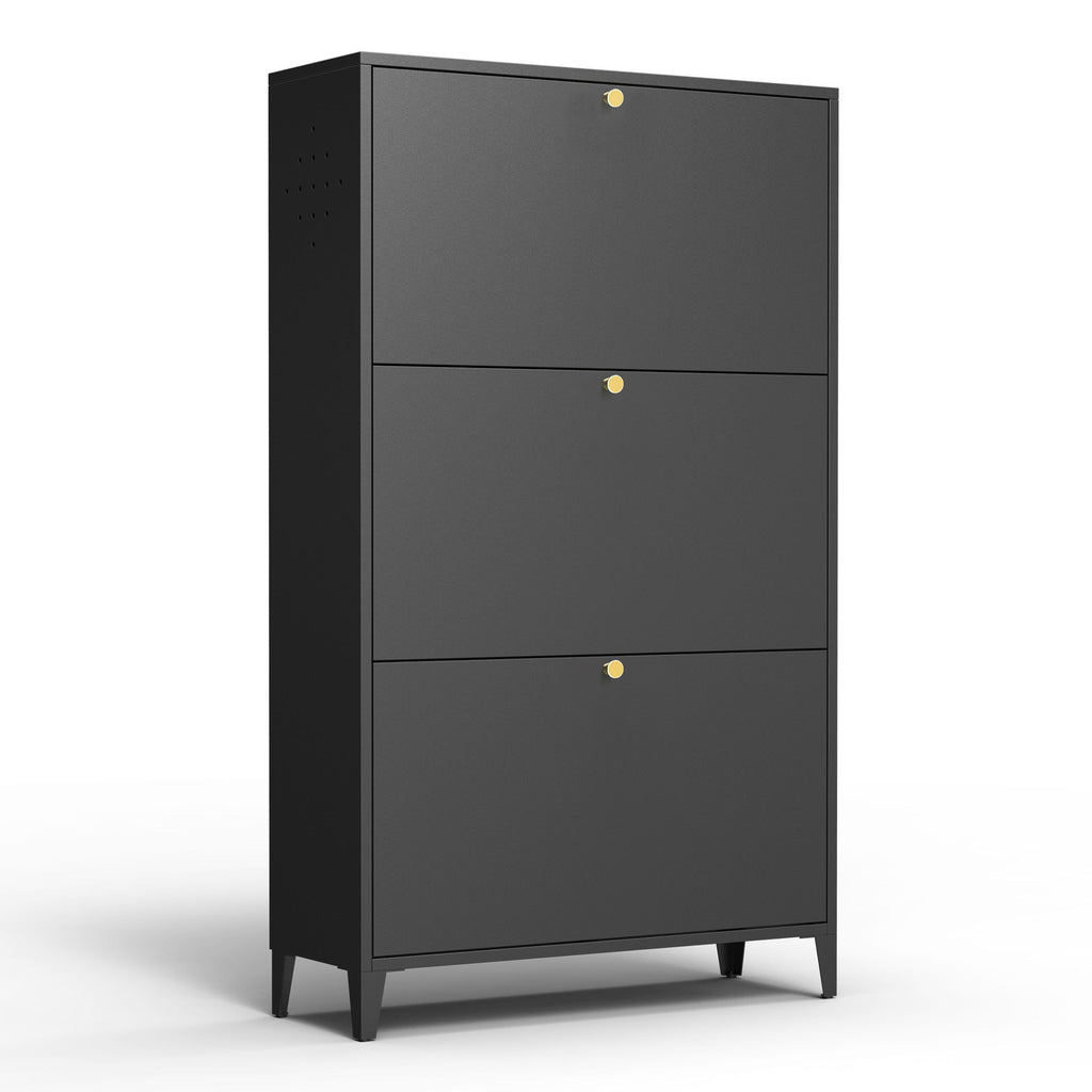 3 Drawer All Steel Shoe Cabinet, Freestanding Storage Organizer With Flip Door