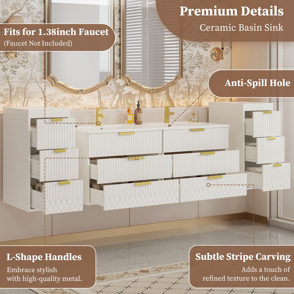 Modern Floating Bathroom Cabinet With Basin Sink And Side Storage, Rectangular Vanity