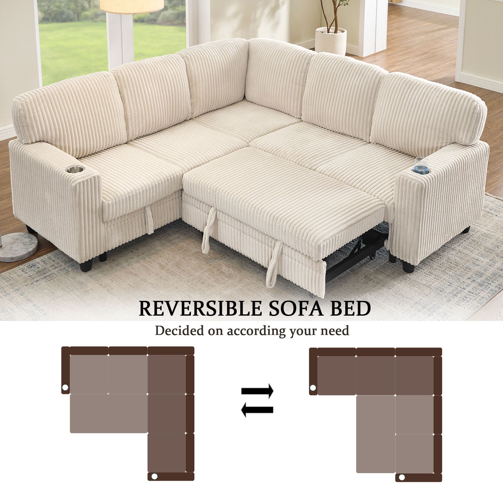 L-Shaped Sofa With Pull Out Sofa Bed With USB