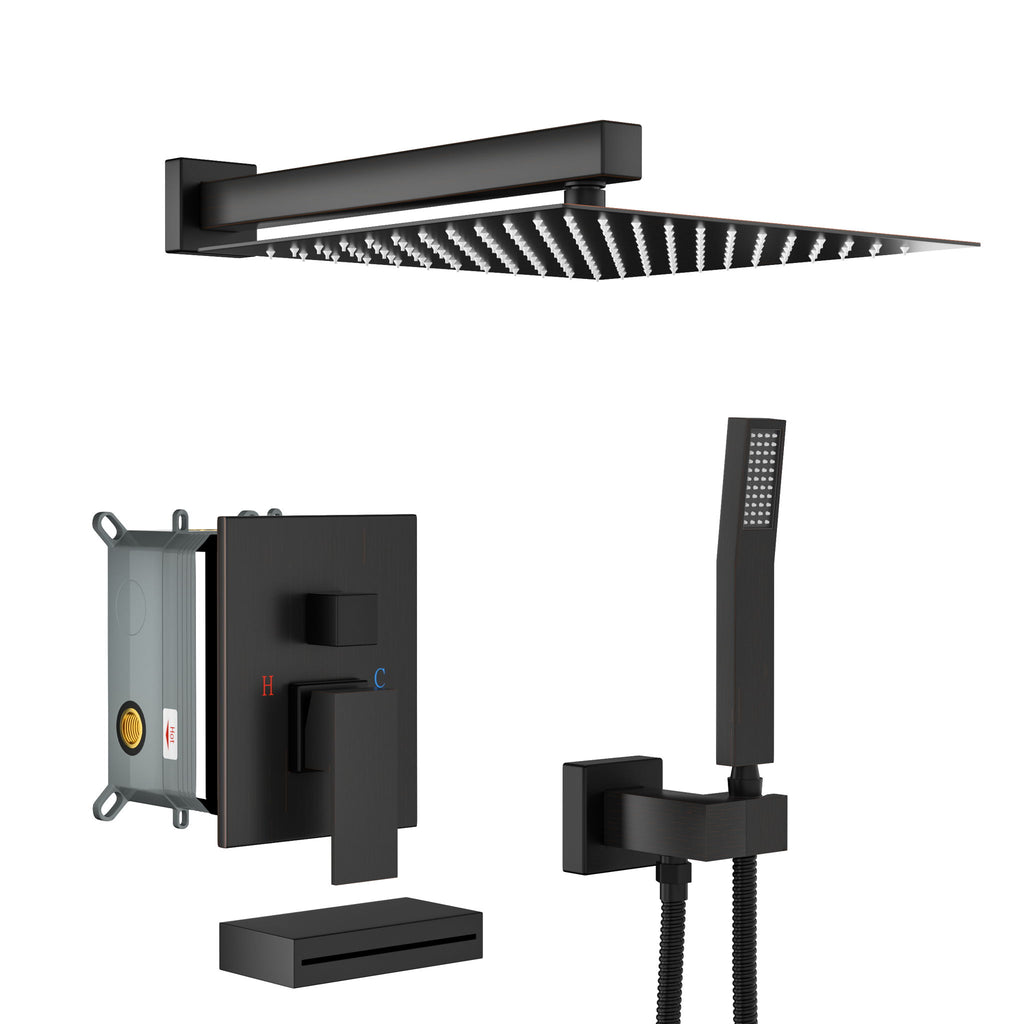 Square Shower System With Waterfall Tub Spout And Rough In Valve, Wall Mounted