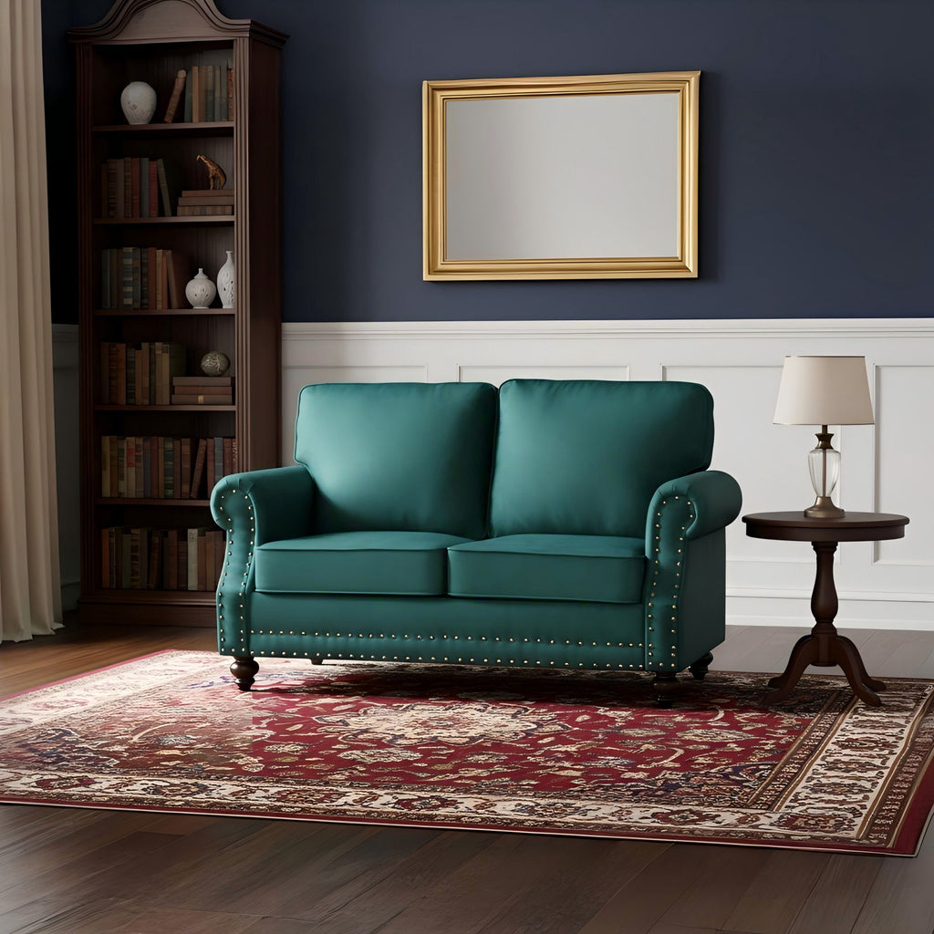 Loveseat Sofa With Nailhead Detail & Turned Legs, 2 Seater Upholstered Couch