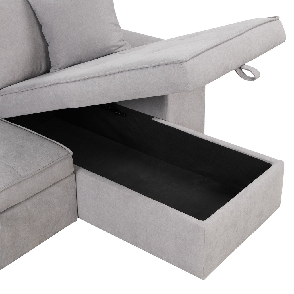 Modern L-Shape 3 Seat Reversible Sectional Couch, Pull Out Sleeper Sofa With Storage Chaise And 2 Stools For Living Room Furniture Set