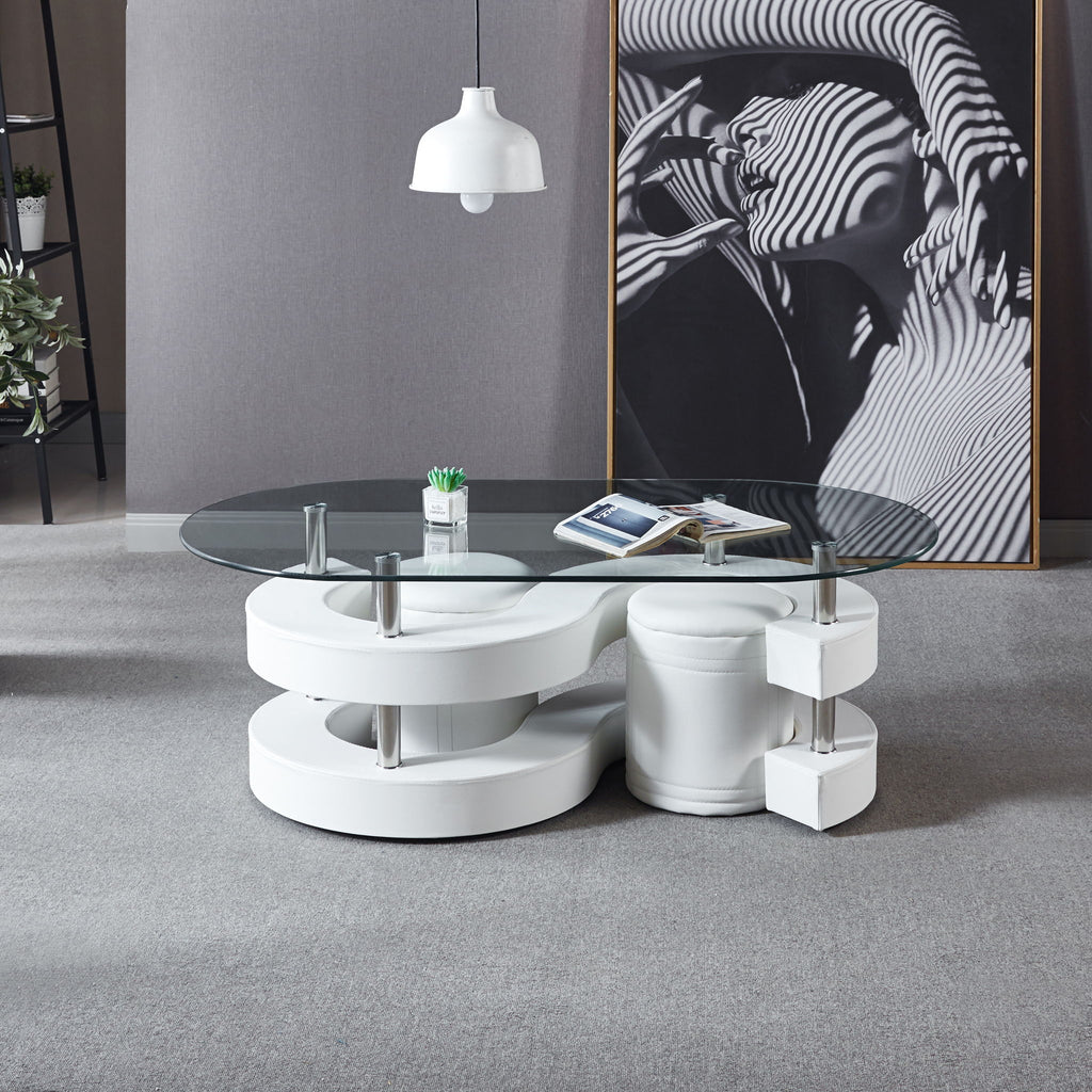 3 Pieces Coffee Table Set, Oval 10 Mm / Thick Tempered Glass Table And 2 Stools - White