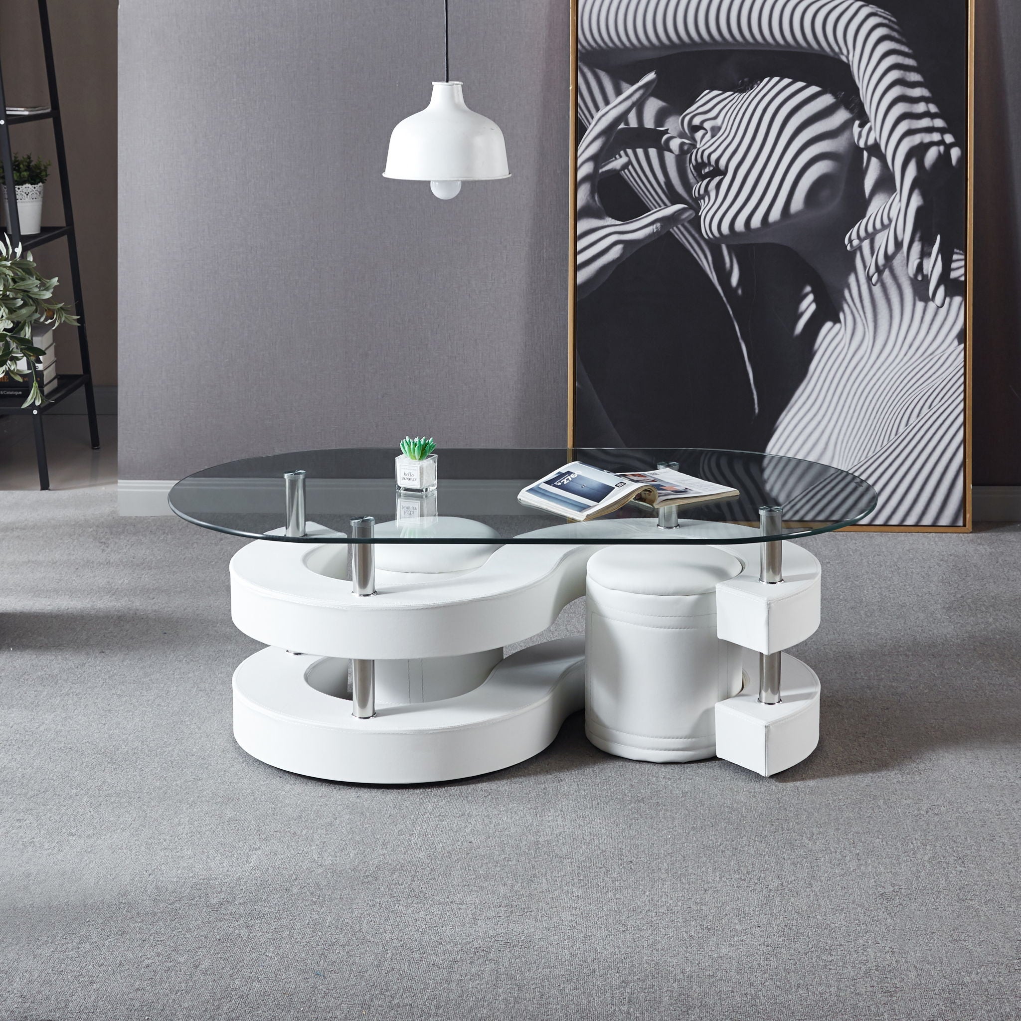3 Pieces Coffee Table Set, Oval 10 Mm / Thick Tempered Glass Table And 2 Stools - White