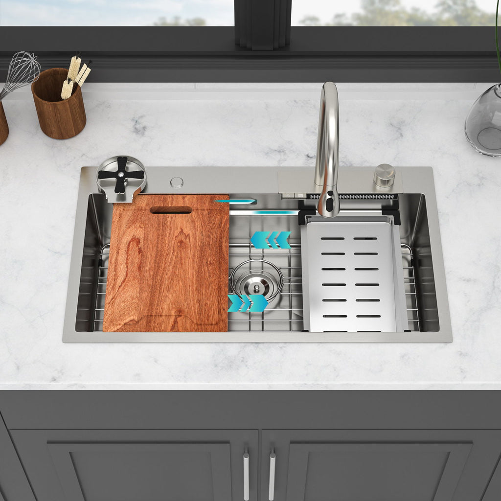 33" Stainless Steel Single Bowl Kitchen Sink With Waterfall Flow