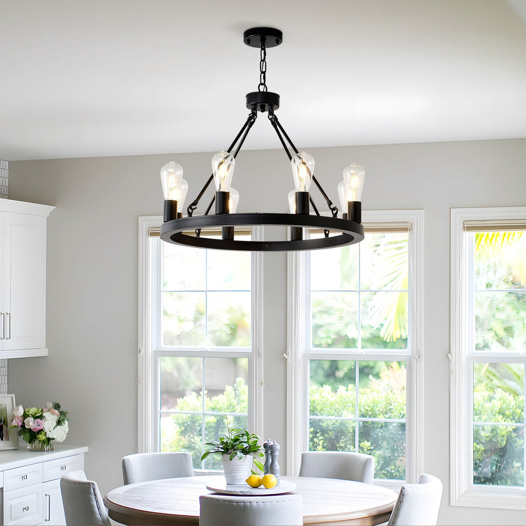 6 Light (No Bulbs) Wagon Wheel Chandelier Farmhouse Modern Small Round Chandelier For Living Room Kitchen Island Foyer Hallway Entryway Bedroom Dining Room Light Fixture Ceiling Hanging - Matte Black