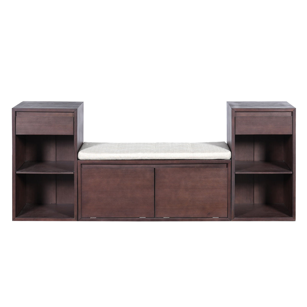 Entryway Storage Bench With Cushion, Drawers & Open Shelves