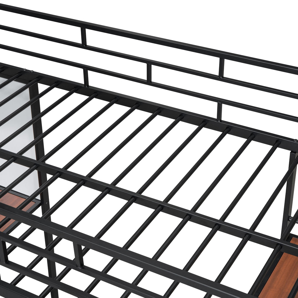 Loft Metal Bed With 3 Layers Of Shelves And Desk, Stylish Metal Frame Bed With board