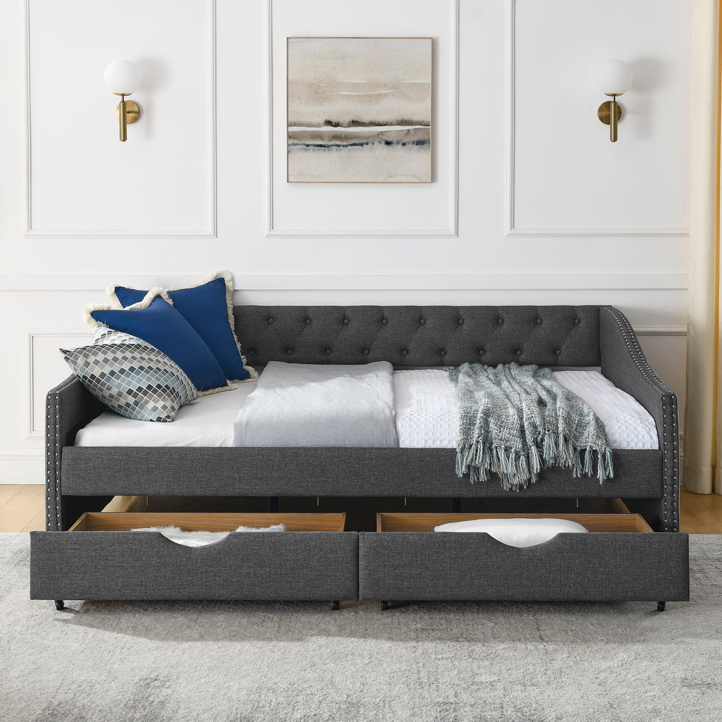 Upholstered Tufted Daybed With 2 Drawers, Waved Arms
