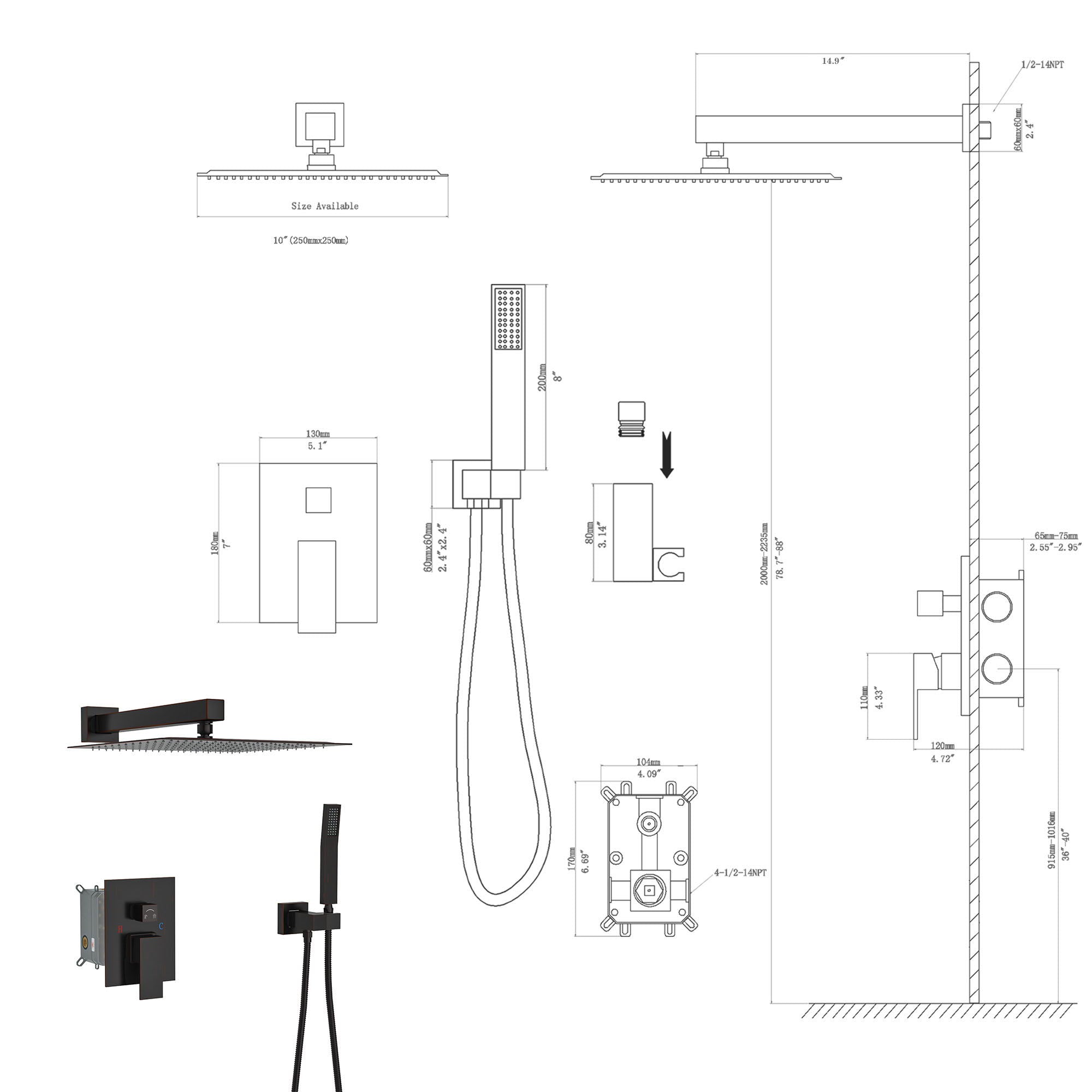Dual Shower Head 10" Wall Mounted Square Shower System