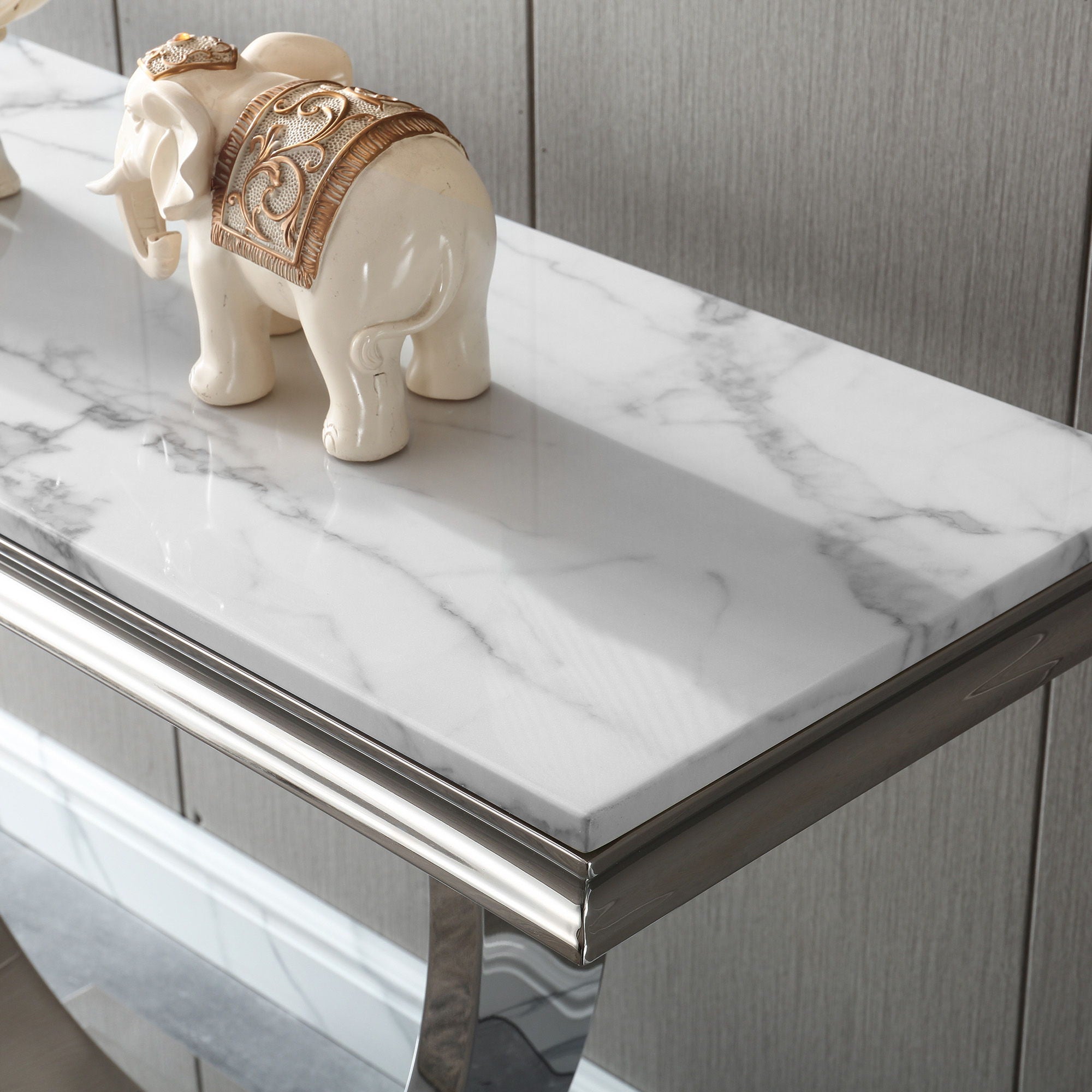 Modern Rectangular Marble Printing Console Table, U Shape Stainless Steel Base With Mirrored Finish