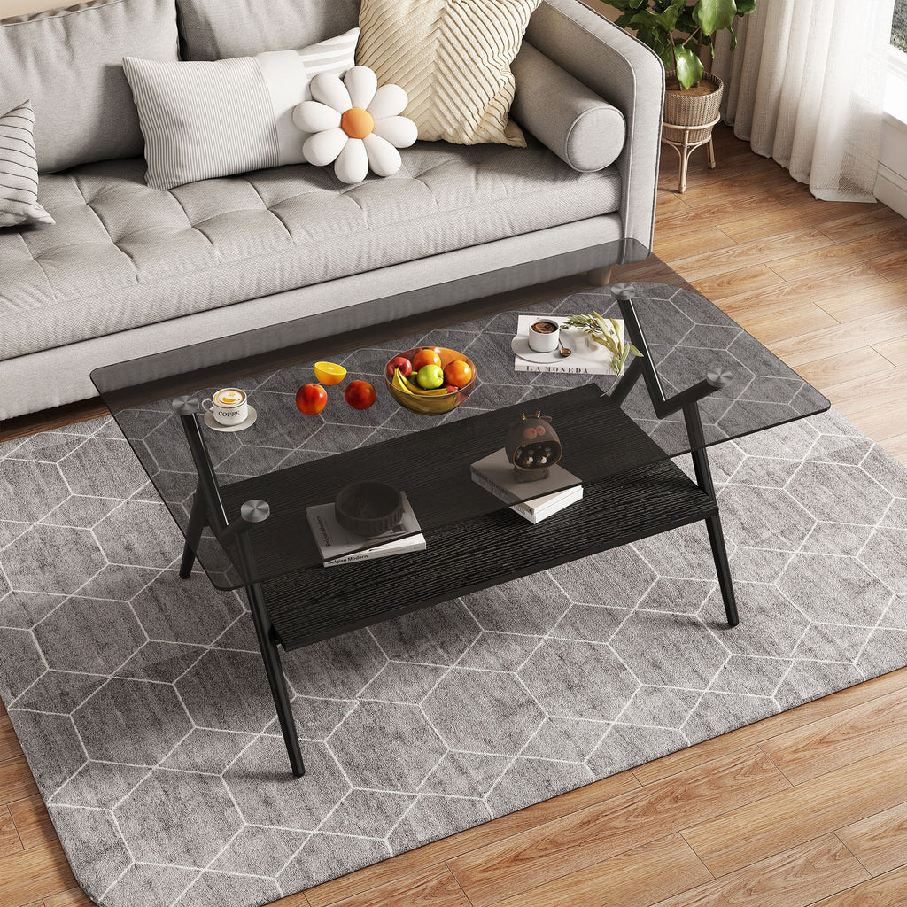 Rectangle Coffee Table With Tempered Glass Top And Shelf, Modern Table For Living Room