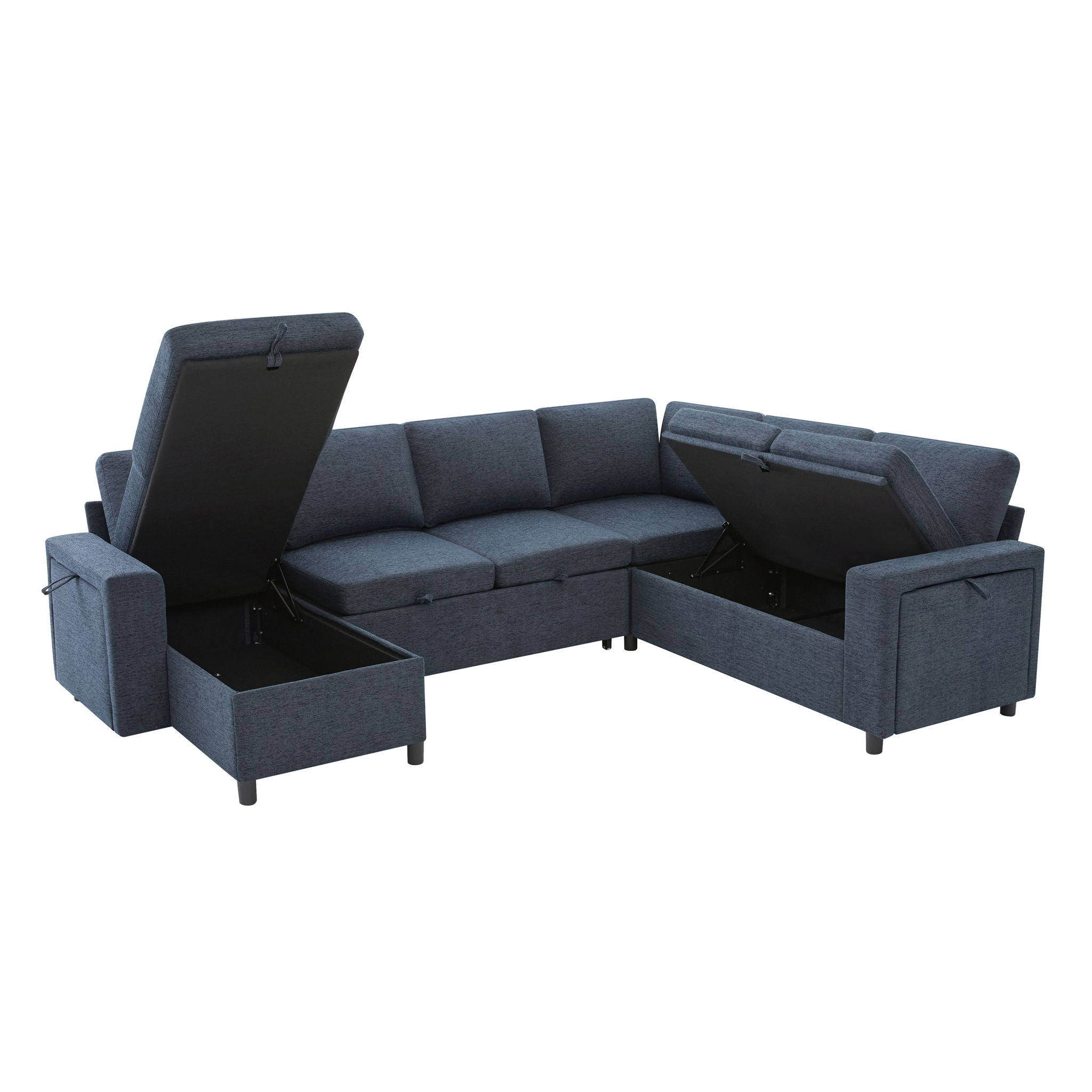 U - Shaped Convertible Sectional Sofa Bed With Storage, USB Charger & Cup Holders