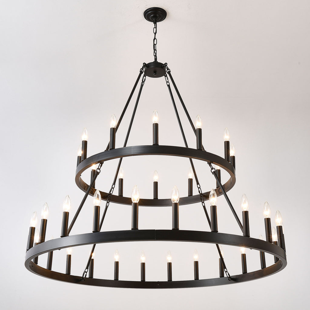 2 Tiers Wagon Wheel Chandelier Wooden Farmhouse 36 Light (24 / 12) Or (12 / 24) Metal Chandeliers 2 Story Light Fixtures Industrial For High Ceiling Living Dining Room Foyer, Adjustable Height - Black