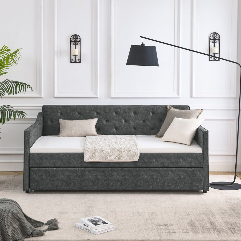 Twin Upholstered Daybed With Trundle, Waved Arms - Gray