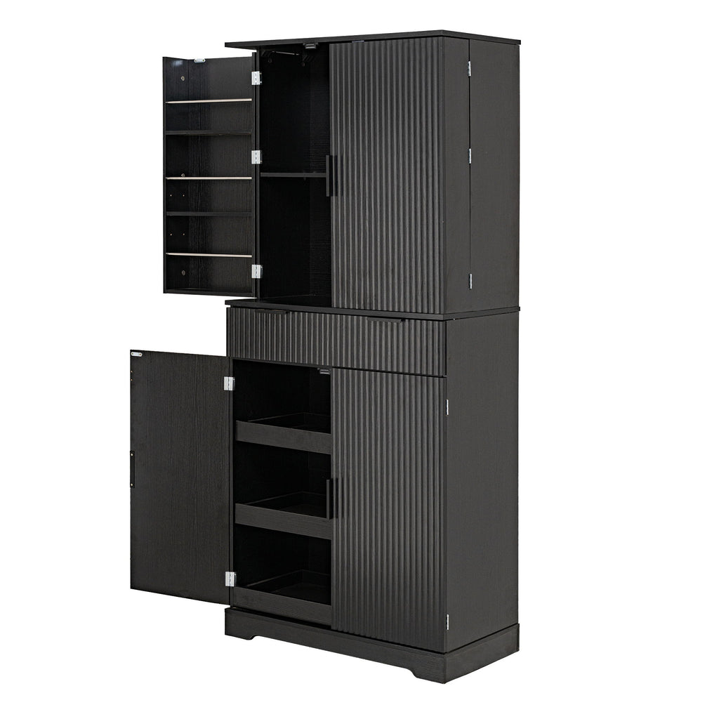 Fluted Kitchen Pantry Cabinet With 3 Keyboard Drawers & 6 Door Shelves Adjustable