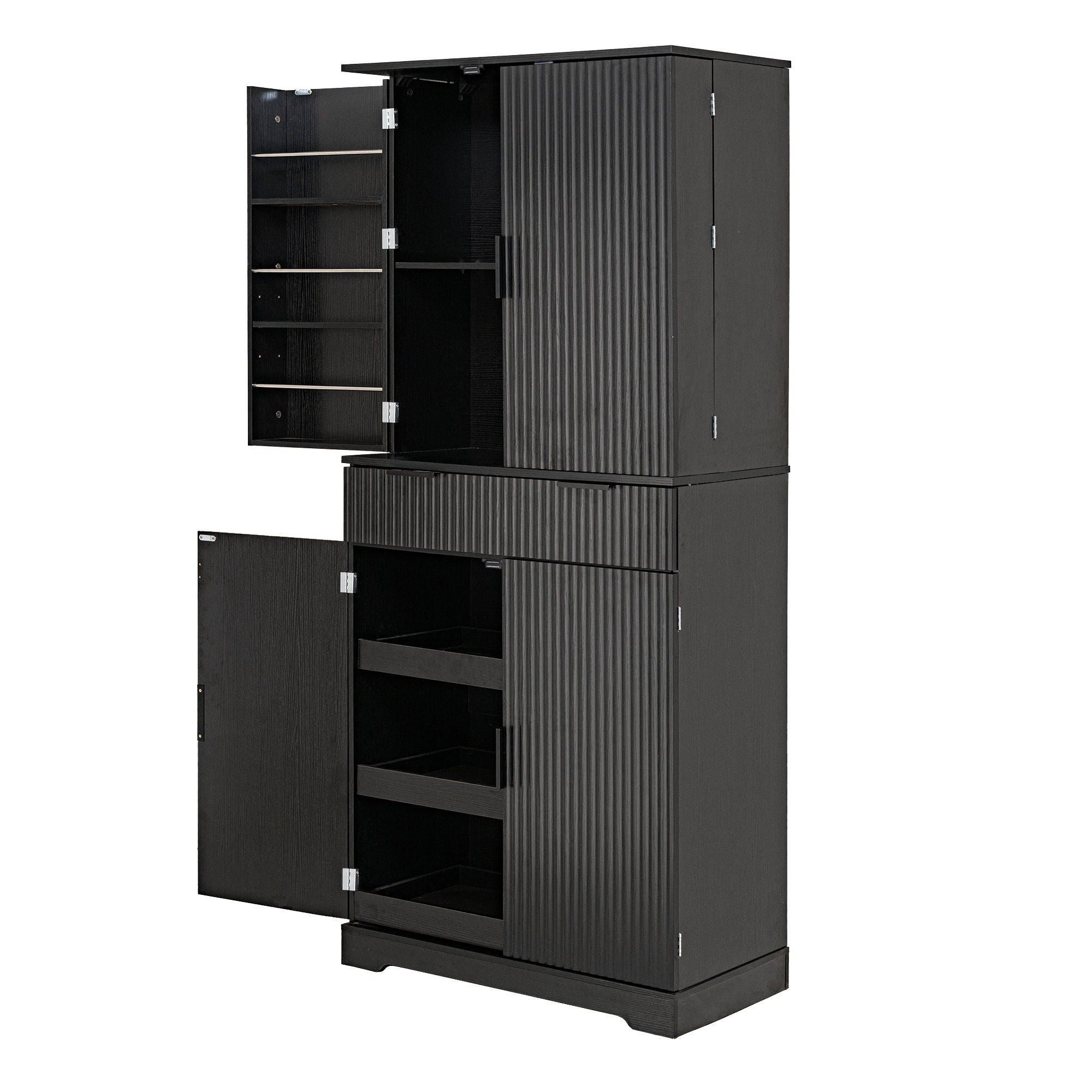 Fluted Kitchen Pantry Cabinet With 3 Keyboard Drawers & 6 Door Shelves Adjustable
